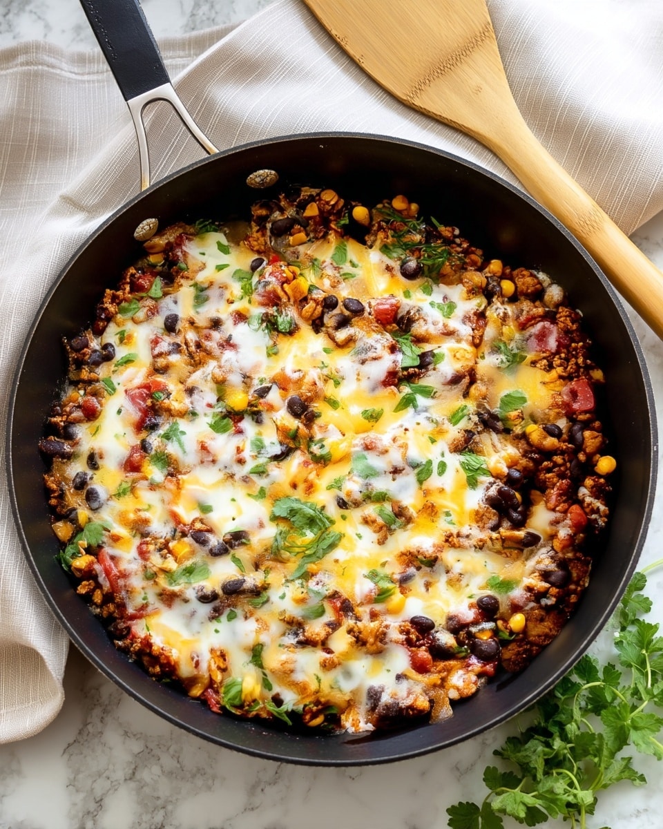 Two toasted yellow corn tortillas with dark grill spots hold multiple layers of filling. The bottom layer shows melted light yellow cheese that looks gooey and soft. On top of the cheese, there is a mix of small black beans, yellow corn kernels, and reddish-brown quinoa grains scattered around. Bright green chopped cilantro leaves sit on top, adding a fresh touch. The tacos are on a wooden tray against a white marbled background, with a blurry half lime and some green herbs in the background. photo taken with an iphone --ar 4:5 --v 7