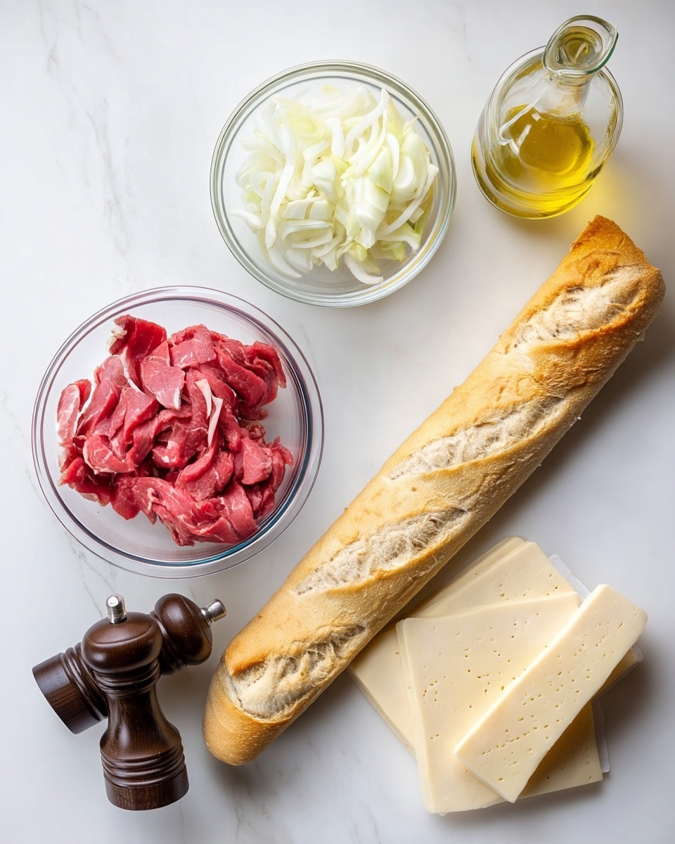 The image shows clear glass bowls placed on a white marbled surface, one filled with thin raw red beef strips and the other with sliced white onions. Next to them is a full white baguette with a golden-brown crust. Two slices of pale yellow cheese lie beside the baguette. In the middle are dark wooden salt and pepper grinders and a small clear bottle filled with light yellow oil. The arrangement is neat and bright. photo taken with an iphone --ar 4:5 --v 7