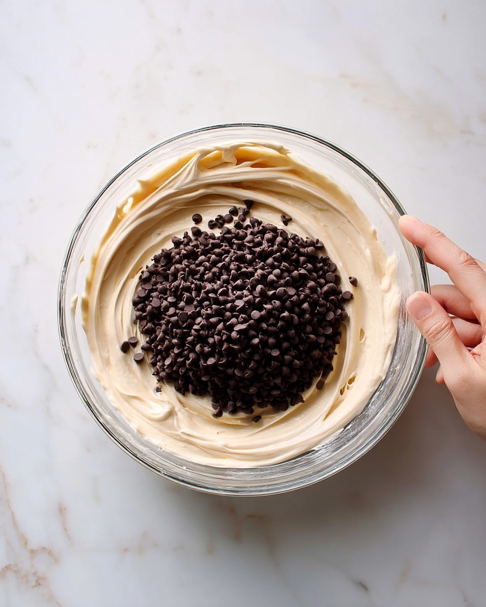 The image shows a clear glass bowl placed on a white marbled surface. Inside the bowl, there is a thick, creamy light beige batter with smooth and whipped texture, filling the sides almost evenly up to the rim. In the center on top of the batter, there is a pile of small, dark brown chocolate chips that contrast strongly with the light batter. A woman's hand is reaching in from the top right corner, appearing ready to mix or scoop the ingredients. The setting is bright with natural light. Photo taken with an iphone --ar 4:5 --v 7