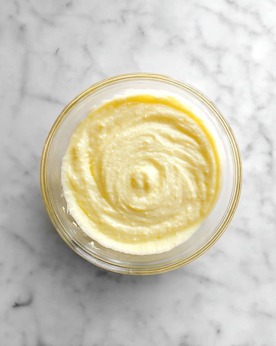 A clear glass bowl sits on a white marbled surface, filled with one smooth, creamy layer of pale yellow mixture. The texture looks soft and thick, with small swirls on top showing where it was stirred. The bowl is round and simple, with no other objects around it visible. Photo taken with an iphone --ar 4:5 --v 7