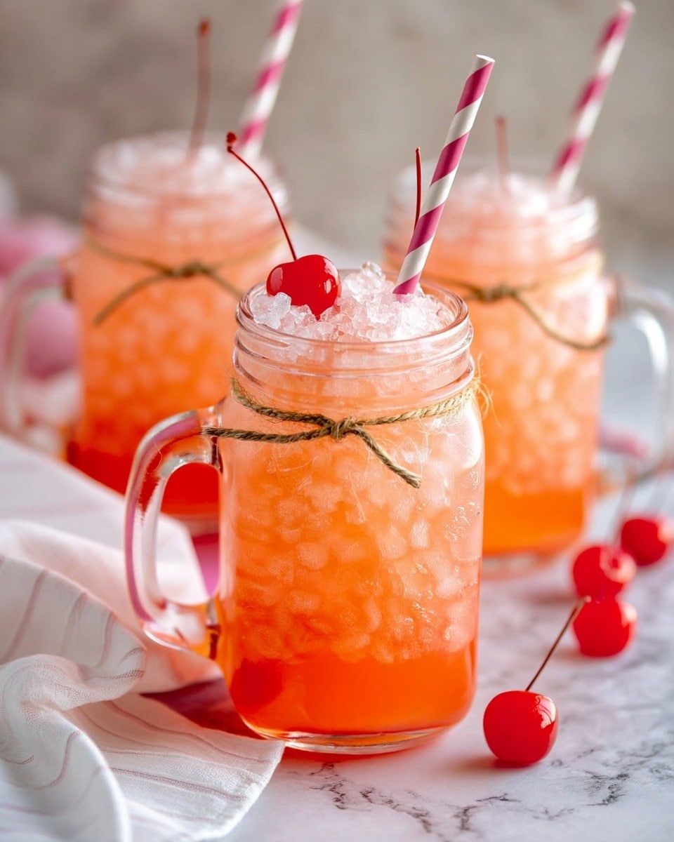 Three clear glass mason jars filled with bright orange drink and crushed ice layered on top. Each jar has a rough twine tied around the top and a red cherry resting on the ice inside. One jar in the front has a pink and white striped paper straw sticking out. The jars sit on a white marbled surface with a few cherries scattered around. A white cloth with pink stripes is draped on the left side. The background is softly blurred with more jars and pink tones. photo taken with an iphone --ar 4:5 --v 7