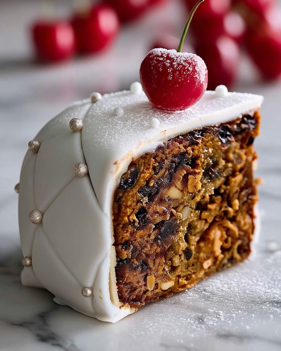 The image shows a cake with two main visible layers: the inner layer is a dark brown fruit and nut cake with a dense texture, filled with bits of fruits and nuts inside. The outer layer is smooth white icing with a quilted pattern decorated with small pearl-like dots placed evenly. On top of the cake slice, there is a single red cherry dusted with a light white powder. The cake sits on a white marbled surface with blurred red cherries in the background. photo taken with an iphone --ar 4:5 --v 7