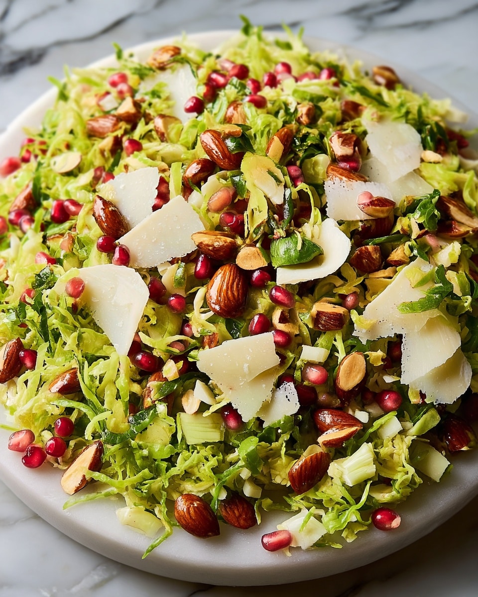 A close-up view of a fresh salad showing multiple layers and textures: thinly shredded bright green Brussels sprouts form the base layer, mixed with scattered dark brown toasted nuts adding a crunchy texture, and small bright red pomegranate seeds sprinkled throughout for a pop of color. On top, thin off-white cheese shavings are visible, contrasting with the green base. A gold spoon is scooping some salad, highlighting the glossy, fresh texture of the ingredients. The dish is set on a white marbled surface. photo taken with an iphone --ar 4:5 --v 7