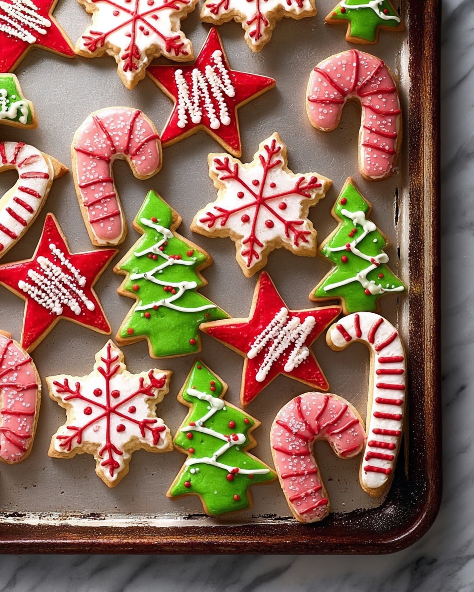 A baking tray filled with various Christmas-themed cookies arranged closely together. There are white snowflake-shaped cookies with red icing lines and dots, green Christmas tree-shaped cookies decorated with white and red icing lines, red star-shaped cookies with white squiggly icing on top, and candy cane-shaped cookies with white icing and red stripes. The baking tray has a slightly worn look, and the background is a white marbled texture. photo taken with an iphone --ar 4:5 --v 7