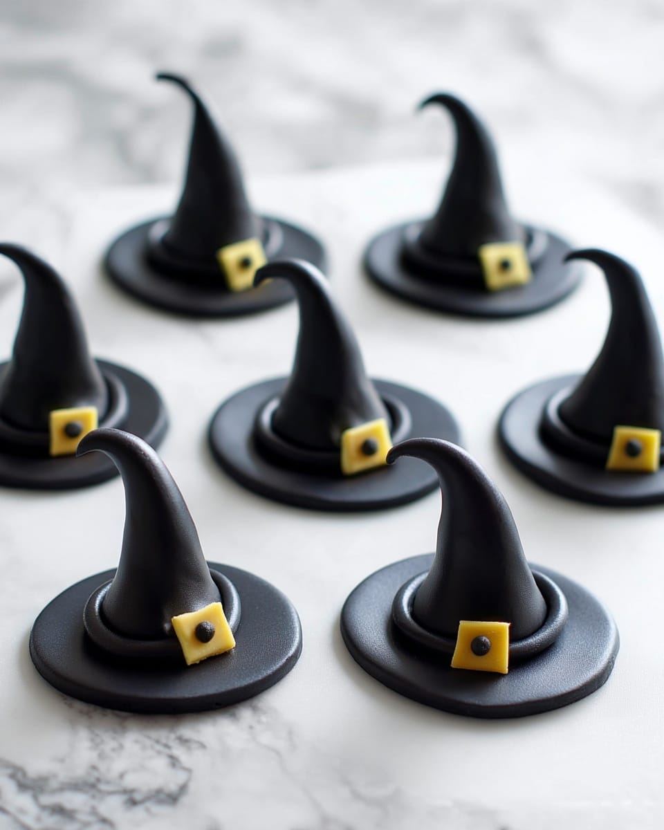 The image shows six small black witch hats made from a smooth, shiny material placed on a white marbled surface. Each hat has a wide, flat circular base with a tall, pointed, slightly bent cone shape on top. Near the base of each hat is a small square yellow buckle with a dark round center, giving the look of a belt around the hat. The hats are evenly spaced, with three in the front and three in the back, arranged in neat rows. The texture of the hats looks soft but firm, resembling modeled fondant or clay. photo taken with an iphone --ar 4:5 --v 7