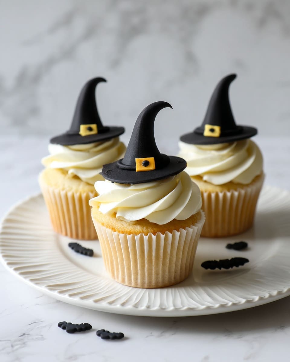Three white cupcakes are topped with creamy white swirled frosting. On each frosting swirl sits a small, black witch hat made of fondant or chocolate, with a yellow buckle detail near the base of the hat. Small black bat-shaped decorations are scattered on the frosting near the hats. One cupcake is placed on a white plate with ridged edges, while the other two stand behind it against a white marbled background. The scene is bright with soft lighting, focusing on the texture of the frosting and decorations. photo taken with an iphone --ar 4:5 --v 7