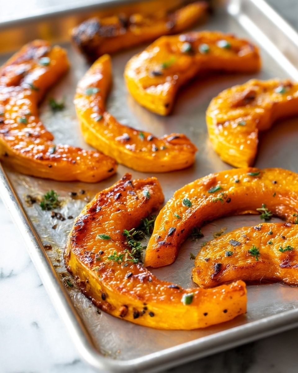 The image shows several bright orange roasted squash slices arranged on a silver baking tray that rests on a white marbled surface. Each slice is curved and thick, with a caramelized and slightly crispy texture on top, dotted with small green herb pieces and some black pepper flakes. The squash pieces have a shiny, glazed appearance with a few browned edges. The scene is a close-up, showing the textured surface and details of the roasting marks. photo taken with an iphone --ar 4:5 --v 7