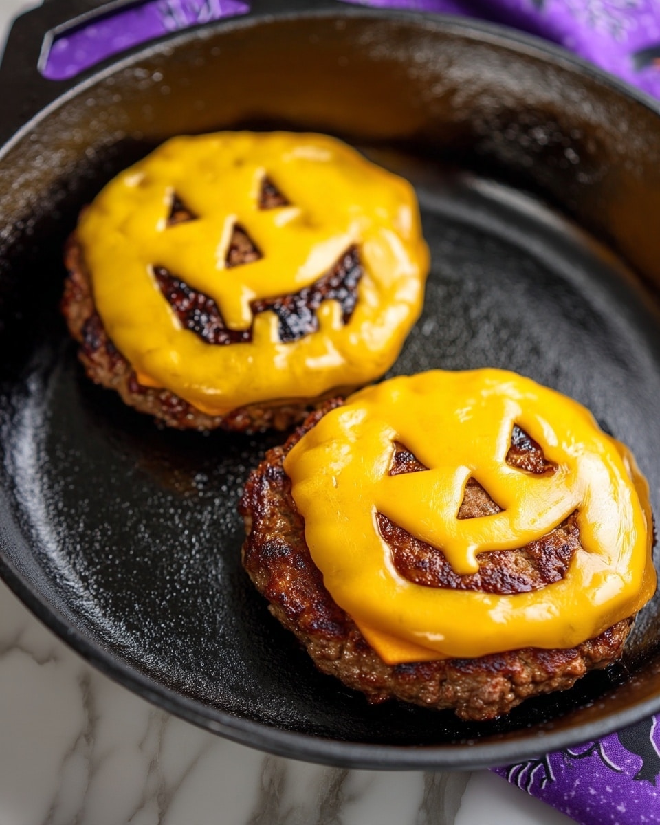Two round cooked burger patties sit inside a black cast iron pan on a white marbled surface. Each patty is topped with a slice of bright orange melted cheese that is cut to show jack-o'-lantern faces with triangle eyes, a triangle nose, and a smiling mouth with small teeth. The cheese is smooth and shiny, fully covering the patties except for the pumpkin face cutouts that reveal the dark brown texture of the cooked meat below. The background shows part of the pan handle and a purple cloth with Halloween-themed designs. photo taken with an iphone --ar 4:5 --v 7
