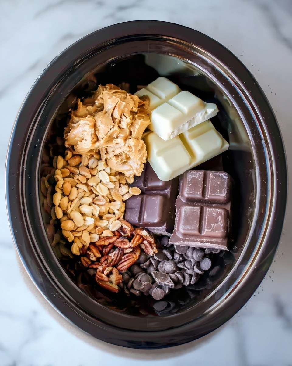 The image shows a top view of a slow cooker filled with five different ingredients arranged in separate sections. On the top left, there is a large scoop of light brown peanut butter with a creamy texture. To the right of it, there are three large pieces of white chocolate with a smooth surface. Below the white chocolate, two blocks of dark chocolate are placed, showing a rich, slightly glossy texture. At the bottom right, a group of small dark chocolate chips is clustered together. Finally, the bottom left section contains a mix of chopped pecans and light brown rolled oats with rough textures. The slow cooker is set on a white marbled surface. photo taken with an iphone --ar 4:5 --v 7