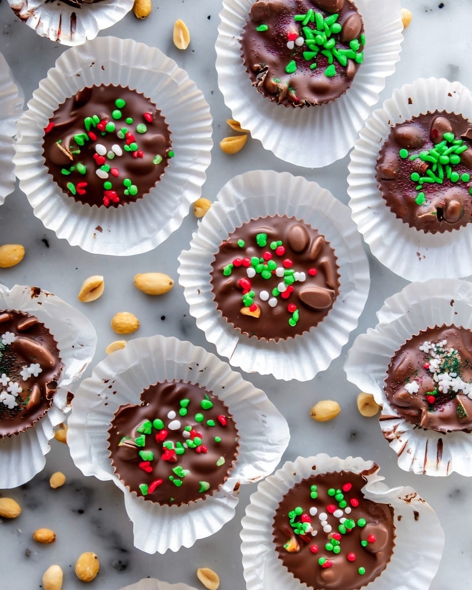 The image shows several round chocolate clusters placed separately in white paper cups on a white marbled surface. Each chocolate cluster is dark brown with a glossy texture and is topped with small colorful sprinkles in red, green, and white colors, some shaped like tiny Christmas trees, dots, and stars. The clusters have a slightly uneven surface with small nut pieces visible under the chocolate layer. Around the clusters, there are some scattered peanuts on the white marbled surface, adding to the festive theme. The overall arrangement appears casual yet festive, with the white paper cups creating a clean contrast with the rich brown chocolate and bright sprinkles. Photo taken with an iphone --ar 4:5 --v 7