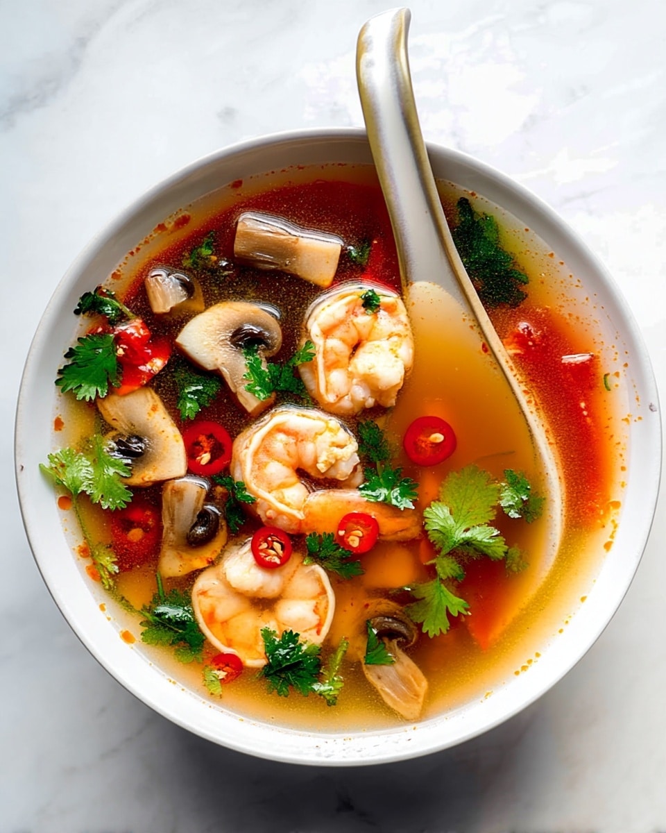 In a white pot filled with clear brown broth, there are around sixteen pieces of light pink shrimp with tails on, scattered evenly on top. Mixed in are many slices of light brown mushrooms with white insides, and chunks of red tomatoes adding color. Bright green cilantro leaves float throughout, along with sliced red chili peppers for a spicy touch. A silver ladle rests inside the pot, holding some broth and shrimp, angled on the right side. Around the pot’s edge, a slice of green lime, red chili peppers, and cilantro sprigs are placed on a white marbled surface. The scene is bright and fresh, showing a warm, inviting soup photo taken with an iphone --ar 4:5 --v 7