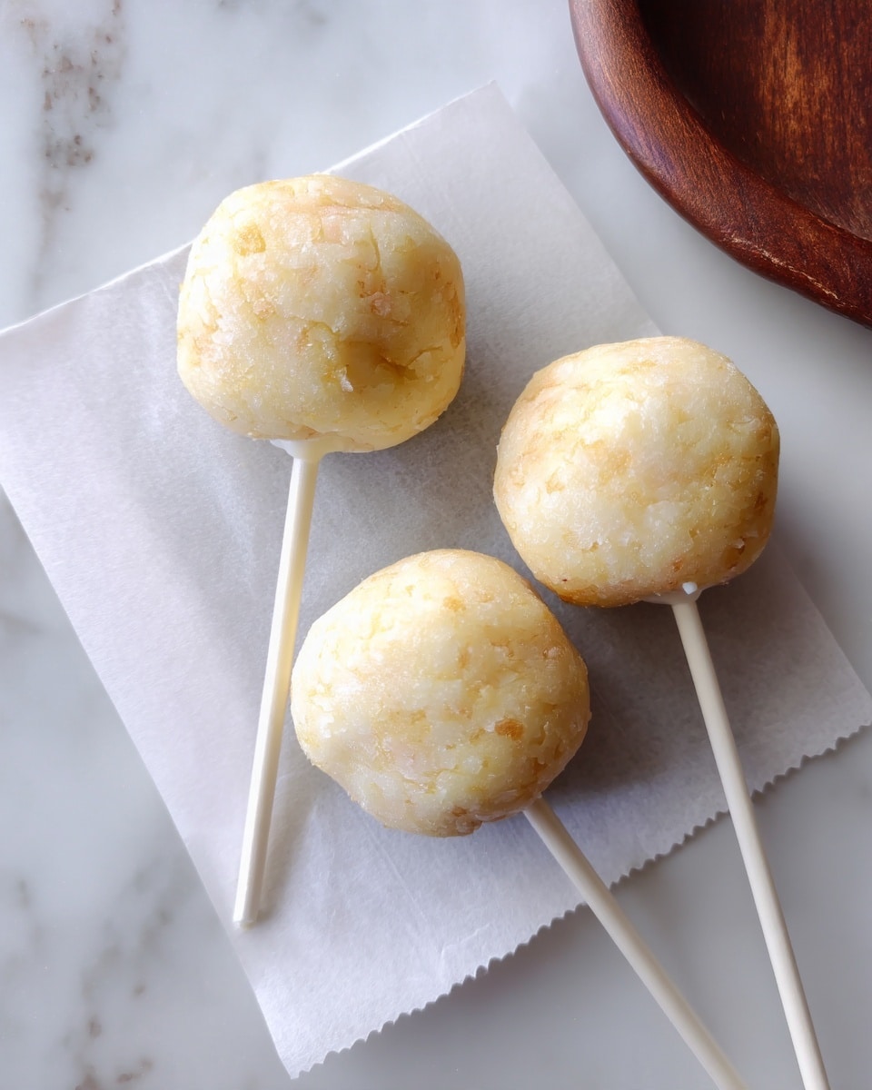 The image shows three light beige cake pops on white sticks, with a soft and slightly bumpy texture. The cake pops are round and unevenly shaped, resting on white parchment paper placed on a white marbled surface. Part of a dark brown wooden object is visible in the upper right corner of the image. Photo taken with an iphone --ar 4:5 --v 7