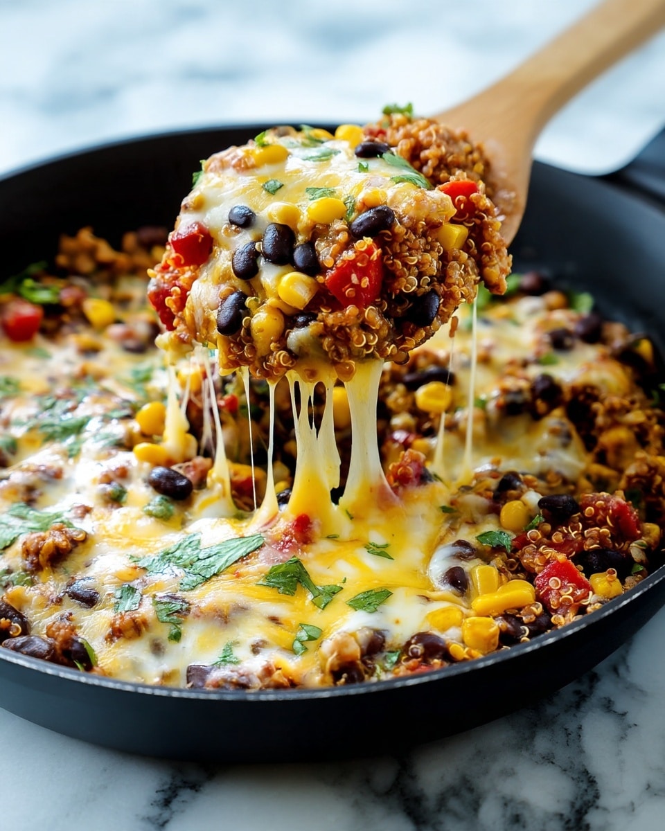 A black pan filled with a baked dish showing three main layers: the bottom layer has mixed cooked ingredients like black beans, corn, chopped tomatoes, and crumbled textured protein in brown and yellow tones; the middle layer is creamy melted cheese spread evenly on top, white with slight golden spots; the top layer has fresh green chopped herbs scattered around, adding a fresh color contrast. The pan is resting on a white marbled surface with a beige cloth and a wooden spatula placed beside it. Photo taken with an iphone --ar 4:5 --v 7