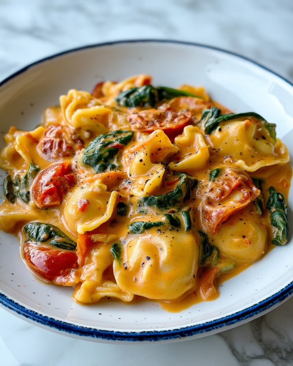 A creamy dish fills a white plate with a blue rim, showing around four layers of rich, smooth orange sauce mixed with small chunks of light yellow pasta. Dark green spinach leaves and soft, slightly wrinkled red tomatoes are scattered throughout, adding texture and color contrast. The sauce looks thick and cozy, stretching lightly over the pasta and vegetables, with tiny flecks of black pepper spread evenly. The background is a white marbled surface. photo taken with an iphone --ar 4:5 --v 7