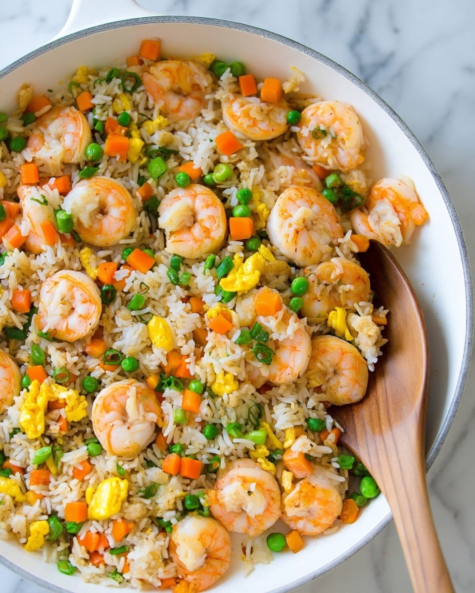 This close-up image shows a colorful shrimp fried rice dish with multiple layers. The base layer is white rice mixed with small bright green peas and evenly scattered small orange carrot cubes. There are visible pieces of yellow scrambled eggs spread throughout. On top, several plump cooked shrimp with a pinkish-orange color and slight char are placed. Small green onion slices are sprinkled across the dish, adding a fresh contrast. The food is displayed on a white plate with a white marbled surface background. photo taken with an iphone --ar 4:5 --v 7