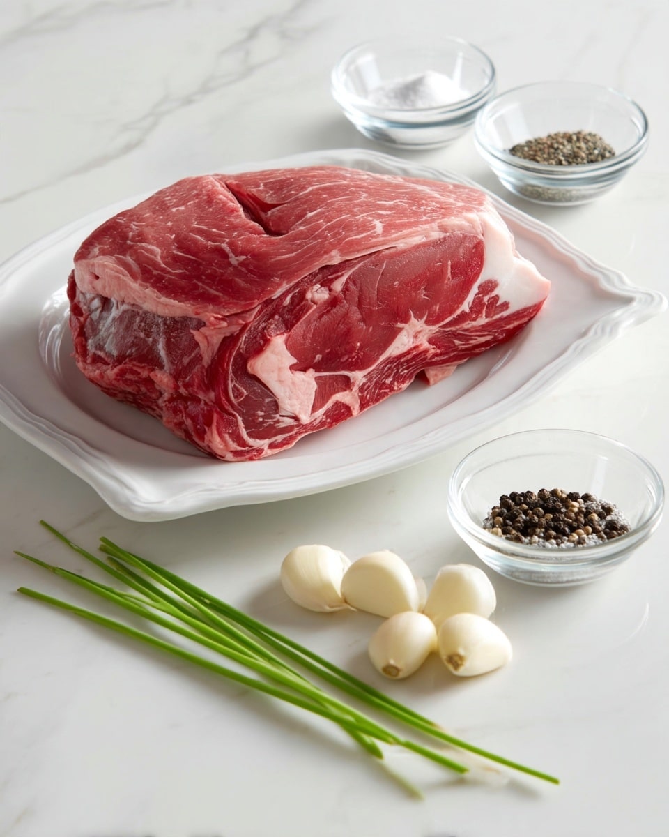 A large raw piece of red meat with white fat marbling is placed on a white plate that has curved edges, sitting on a white marbled surface. Next to the plate are two small clear glass bowls, one filled with salt and the other with black pepper. In front of the bowls, there are four peeled garlic cloves and two green herb sprigs laid flat on the white marbled surface. The setup is simple and focused on the fresh ingredients, photo taken with an iphone --ar 4:5 --v 7