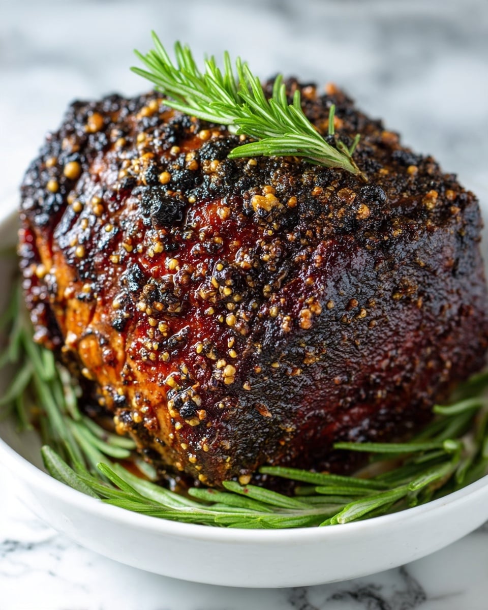 A large piece of roasted meat with a dark, crispy, and textured outer layer covered in coarse spices and small bits of seasoning, placed in a white bowl. On top of the meat, a few sprigs of fresh green rosemary lie, adding a touch of color. More rosemary sprigs are arranged underneath the meat, visible around the sides. The bowl sits on a white marbled surface, and the lighting highlights the juicy and roasted details of the meat, making it the main focus of the image photo taken with an iphone --ar 4:5 --v 7