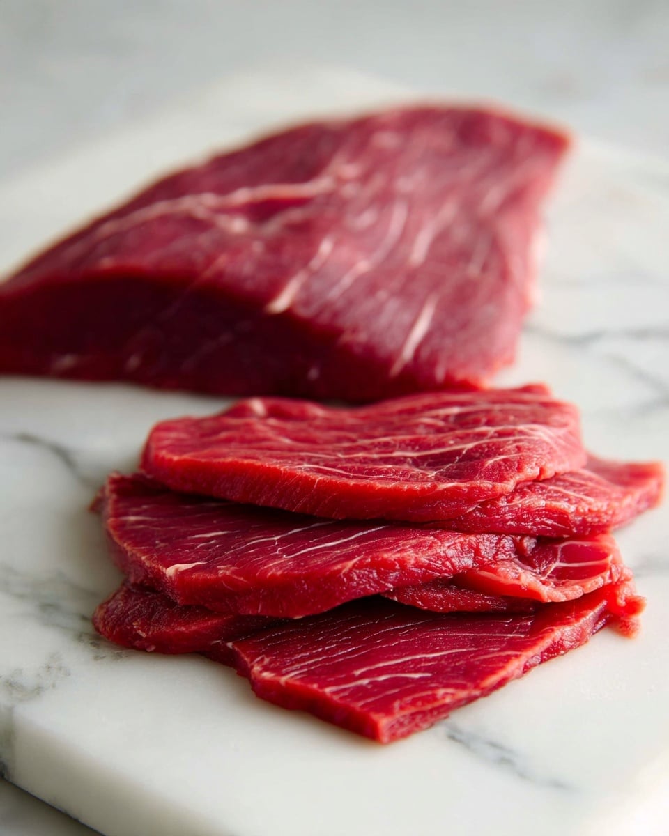The image shows raw red meat slices arranged on a white marbled surface. There are two layers: one larger flat piece on the left side, displaying a smooth texture with visible muscle fibers, and several thinner slices stacked slightly on top of each other on the right side, showing a more folded and uneven texture. The meat has a deep red color with faint white lines of fat running through it. Photo taken with an iphone --ar 4:5 --v 7