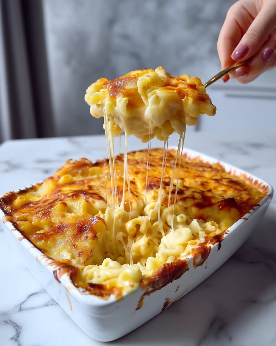 A large pot filled with creamy macaroni pasta, coated evenly in a thick, light orange cheese sauce. The pasta is elbow-shaped, soft, and closely packed together, creating a smooth yet textured surface. The pot is red with a white marbled texture surface visible below, highlighting the contrast with the cheese-covered pasta inside. The cheese sauce shows a slightly glossy shine and some small bits of seasoning can be seen throughout the dish. photo taken with an iphone --ar 4:5 --v 7