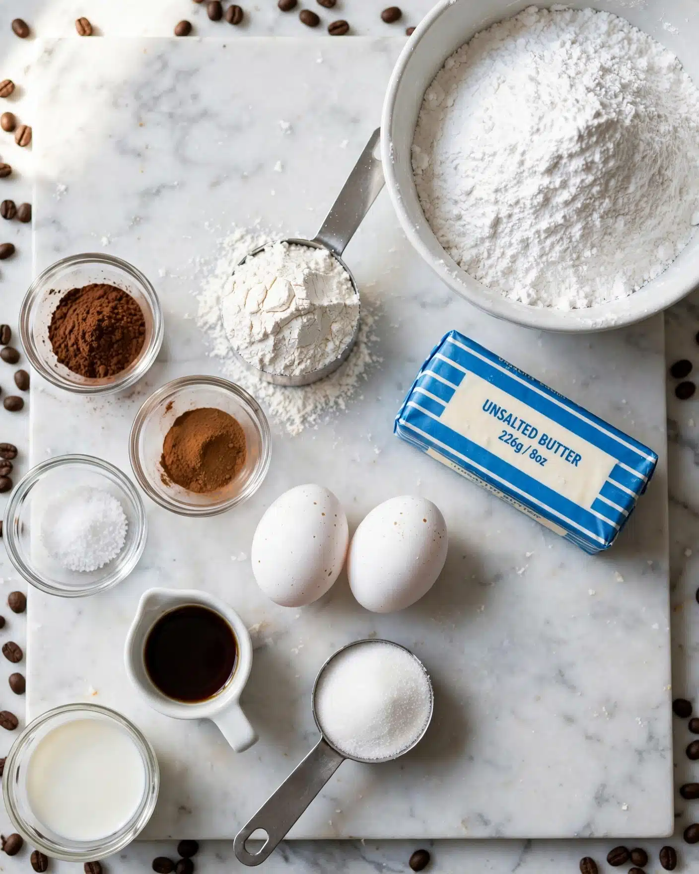 This image shows many baking ingredients arranged on a white marbled surface. There is a large white bowl filled with white powdered sugar in the top right corner. Below it is a rectangular stick of unsalted butter wrapped in blue and white paper. A metal scoop filled with white flour is beside the butter. At the bottom center, another metal scoop holds white granulated sugar. Two white eggs are placed near the middle of the image. There are small glass bowls scattered around containing brown cocoa powder, cinnamon powder, salt, and a little white liquid. A small white measuring cup holds a dark vanilla extract. Coffee beans are sprinkled around the edges of the image, adding contrast to the mostly white and brown tones. The overall look is clean and organized, showing each ingredient clearly. Photo taken with an iphone --ar 4:5 --v 7