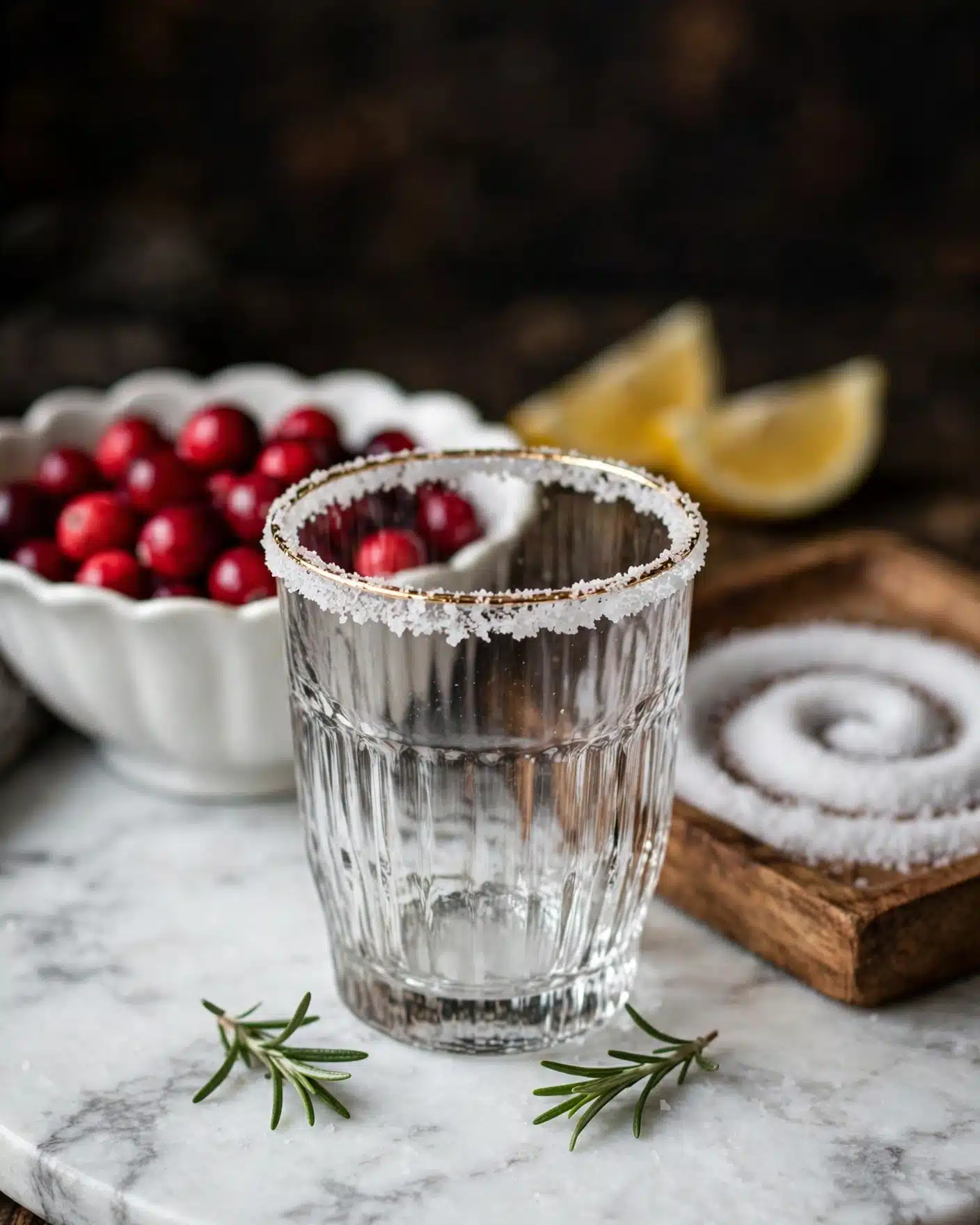 Holiday Sparkling Cranberry Mocktail Recipe 5 A clear textured glass sits in the center, rimmed with a thick layer of coarse white salt and a thin gold edge on top. Behind it, a white scalloped bowl is filled with bright red cranberries, and to the right, a wooden tray holds more coarse white salt with a spiral pattern. On the white marbled surface in front of the glass are two small green rosemary sprigs, and in the background, two lemon wedges add a pop of yellow, all softly lit with a dark blurred backdrop. Photo taken with an iphone --ar 4:5 --v 7