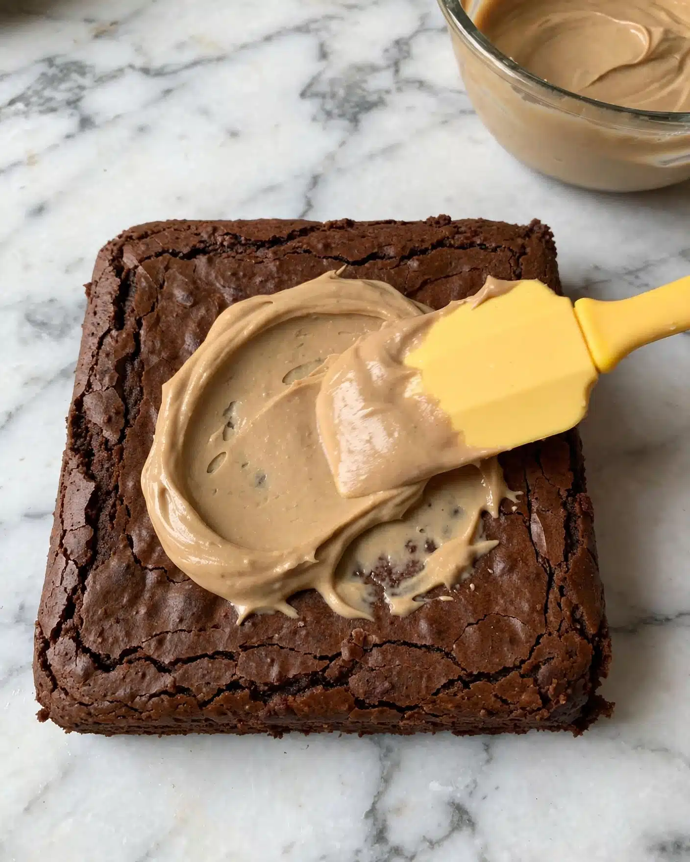 A square piece of dark brown cake with a rough, slightly cracked surface lies flat on a white marbled texture. On top of the cake’s center is a thick dollop of smooth, light brown cream being spread with a yellow spatula. In the upper right corner, there is a glimpse of a glass bowl with some more cream inside. Photo taken with an iphone --ar 4:5 --v 7