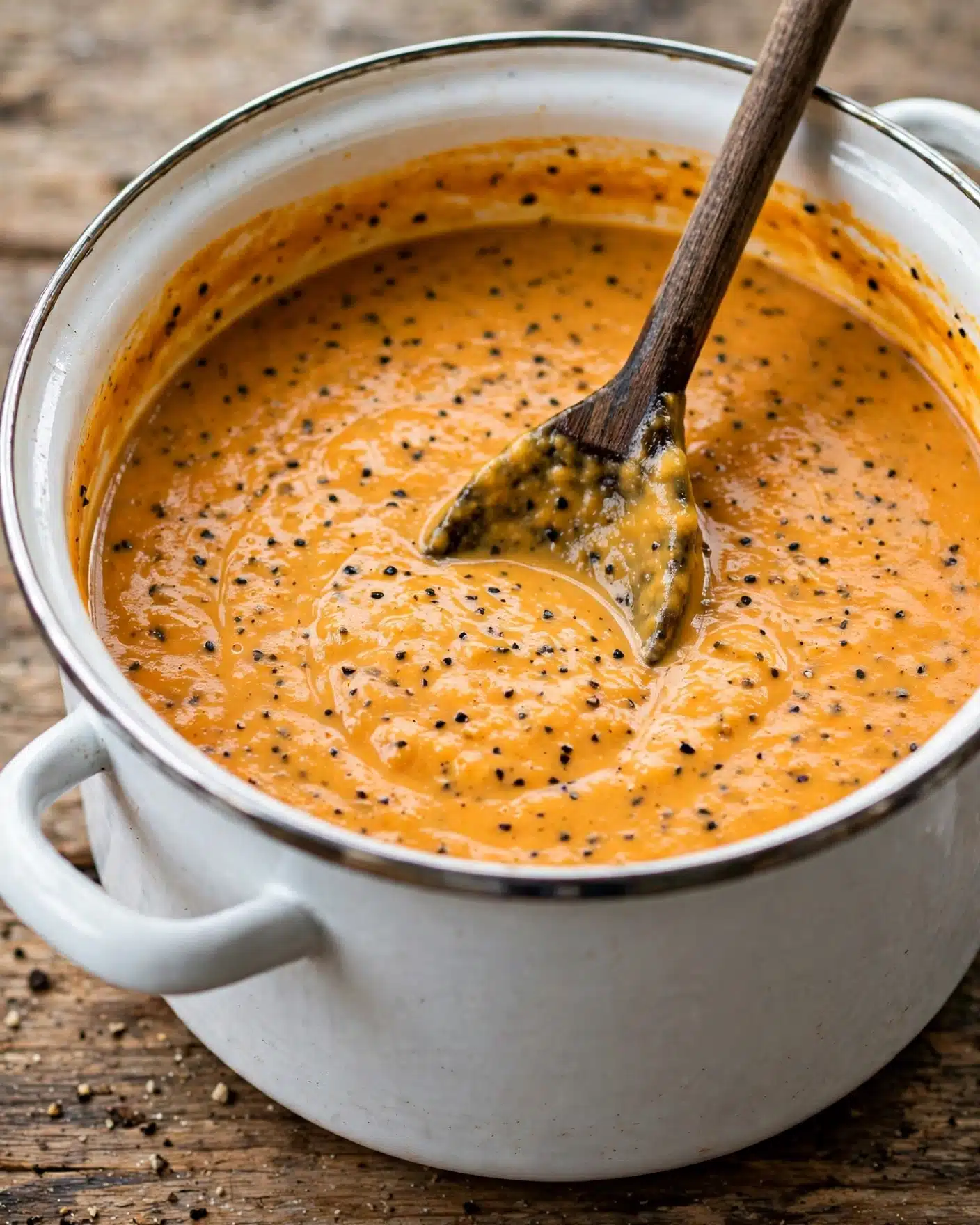 A close-up view of a large white pot filled with smooth, creamy orange soup speckled with small black bits throughout, giving it a lightly textured surface. A dark wooden spoon rests inside the pot, partially submerged in the soup, showing the glossy, thick consistency. The pot has a shiny metal rim and two white handles on the sides. The pot is placed on a rustic wooden surface. photo taken with an iphone --ar 4:5 --v 7