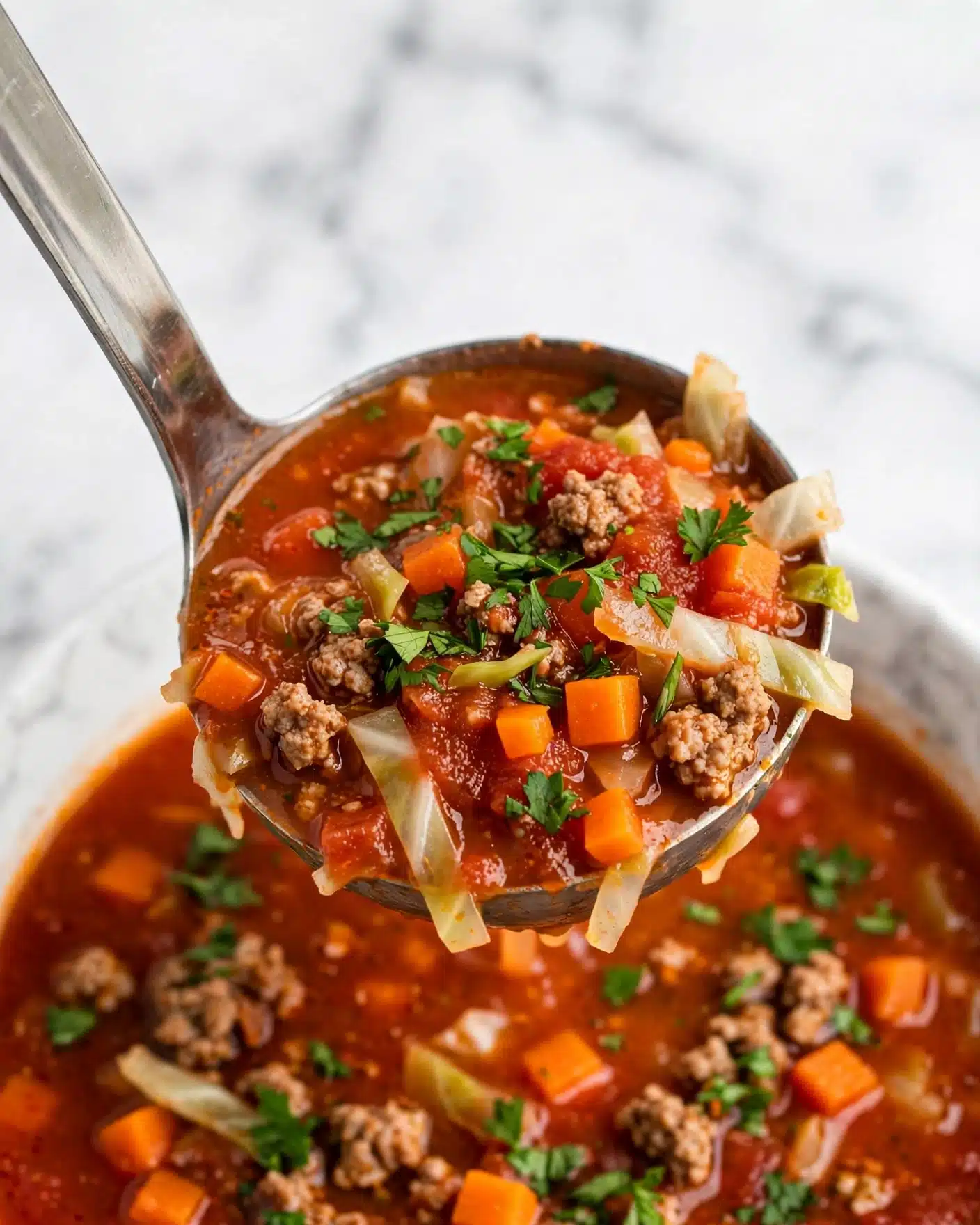 The image shows a close-up view of a rich, chunky soup filled with small orange carrot pieces, pale cabbage strips, and browned ground meat, all mixed in a thick, tomato-based broth with a deep red-orange color. Fresh green parsley pieces are sprinkled on top, adding a touch of brightness. A ladle full of the soup is lifted, showing the layers of finely chopped vegetables and meat within the soup’s vibrant liquid. The background is a white marbled texture. photo taken with an iphone --ar 4:5 --v 7