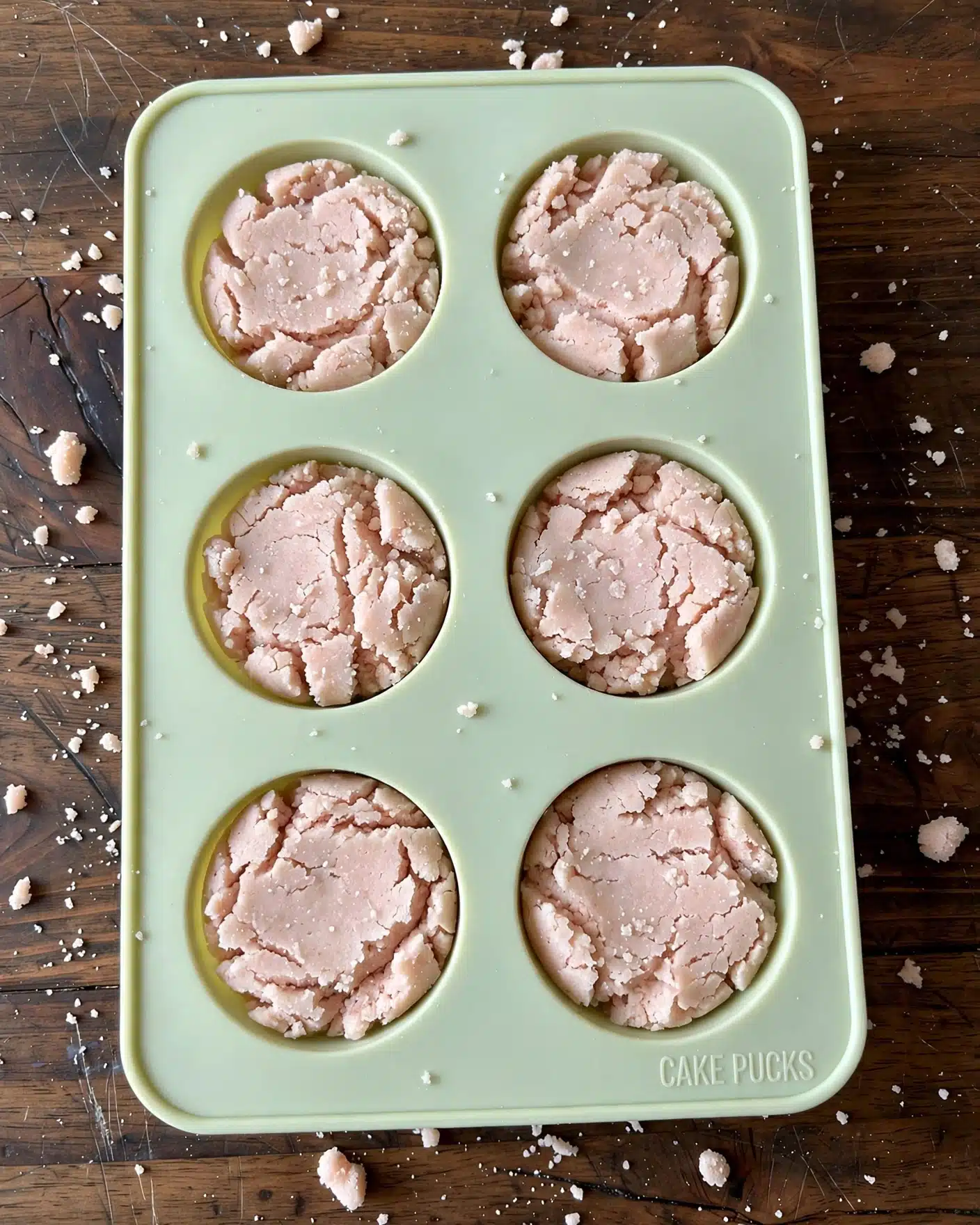 Strawberry Cake Pops Recipe 5 A pale green silicone mold holds six round molds filled with light pink dough, each circle evenly packed and slightly textured with a crumbly look. The mold rests on a dark wooden surface with visible grains and lines. There are light crumbs sprinkled around the mold cavities, and