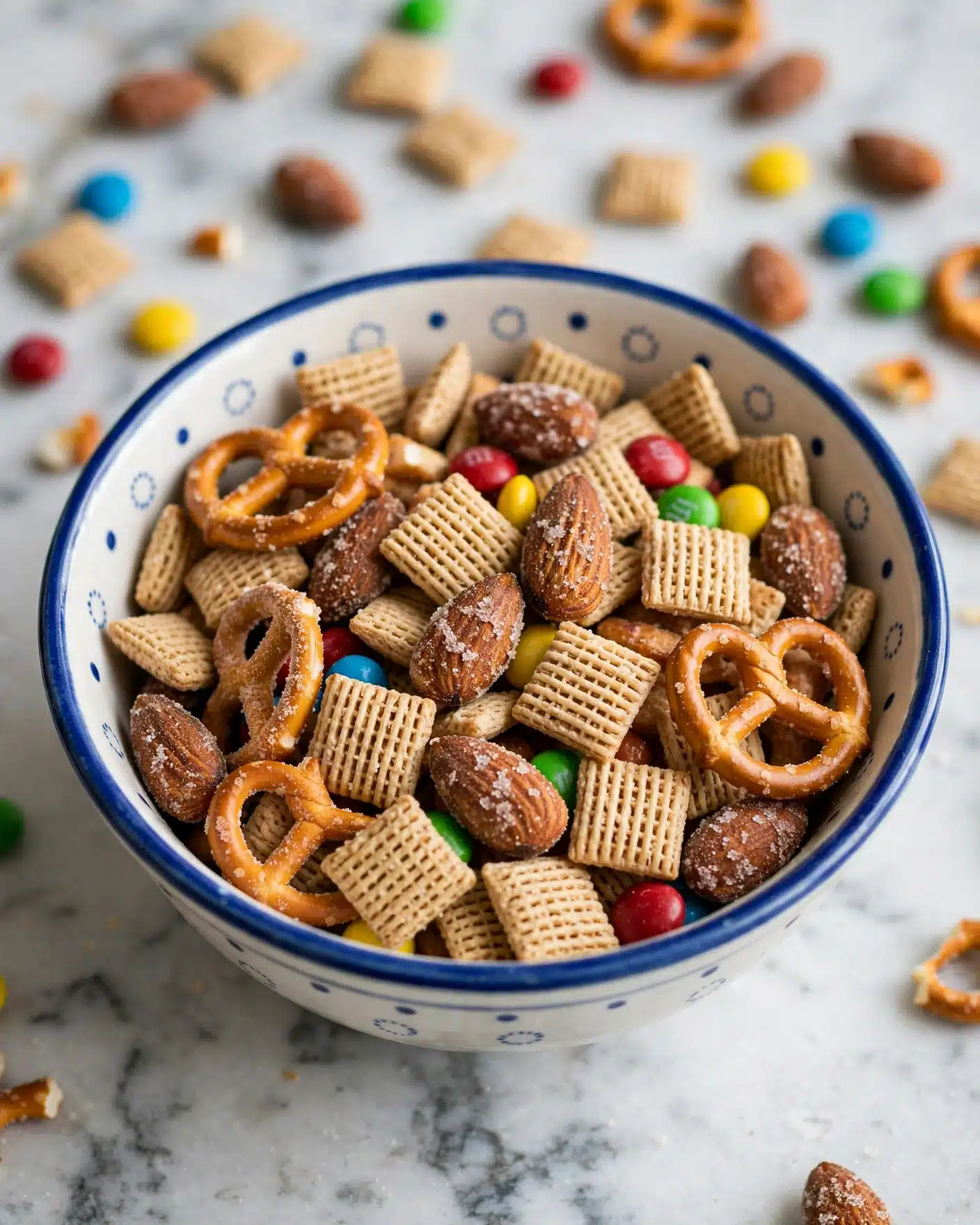 Cinnamon Sugar Snack Mix Recipe 6 A close-up view of a snack mix spread out on a white marbled surface, showing layers of cinnamon-coated almonds, golden brown pretzels with a light sugary coating, small square cereal pieces dusted with cinnamon and sugar, and colorful candy-coated chocolate pieces in green, yellow, blue, red, and orange. In the upper left, there is an open yellow and red can filled with cinnamon-sugar almonds. The mix looks crunchy and sweet with a rough texture from the cinnamon sugar, and the colors of the candies add bright spots among the more natural brown tones photo taken with an iphone --ar 4:5 --v 7