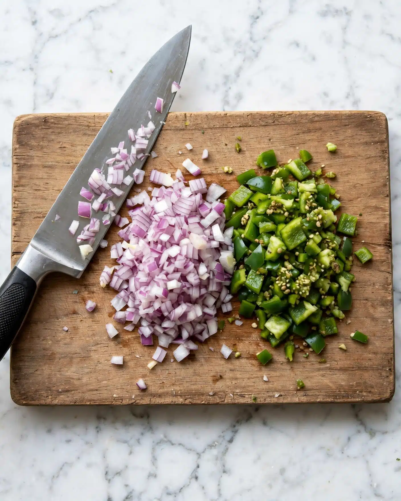 A wooden chopping board is shown with two small piles of chopped vegetables placed side by side. On the left, there is a heap of finely chopped red onion with colors ranging from light purple to white, showing a crisp texture. On the right, there is a pile of chopped green peppers, varying in shades of green with a slightly rough texture and some visible seeds. A large chef's knife with a black and silver handle lies diagonally on the left side of the board, with some pieces of red onion stuck on the blade. The setup is placed on a white marbled texture surface. photo taken with an iphone --ar 4:5 --v 7