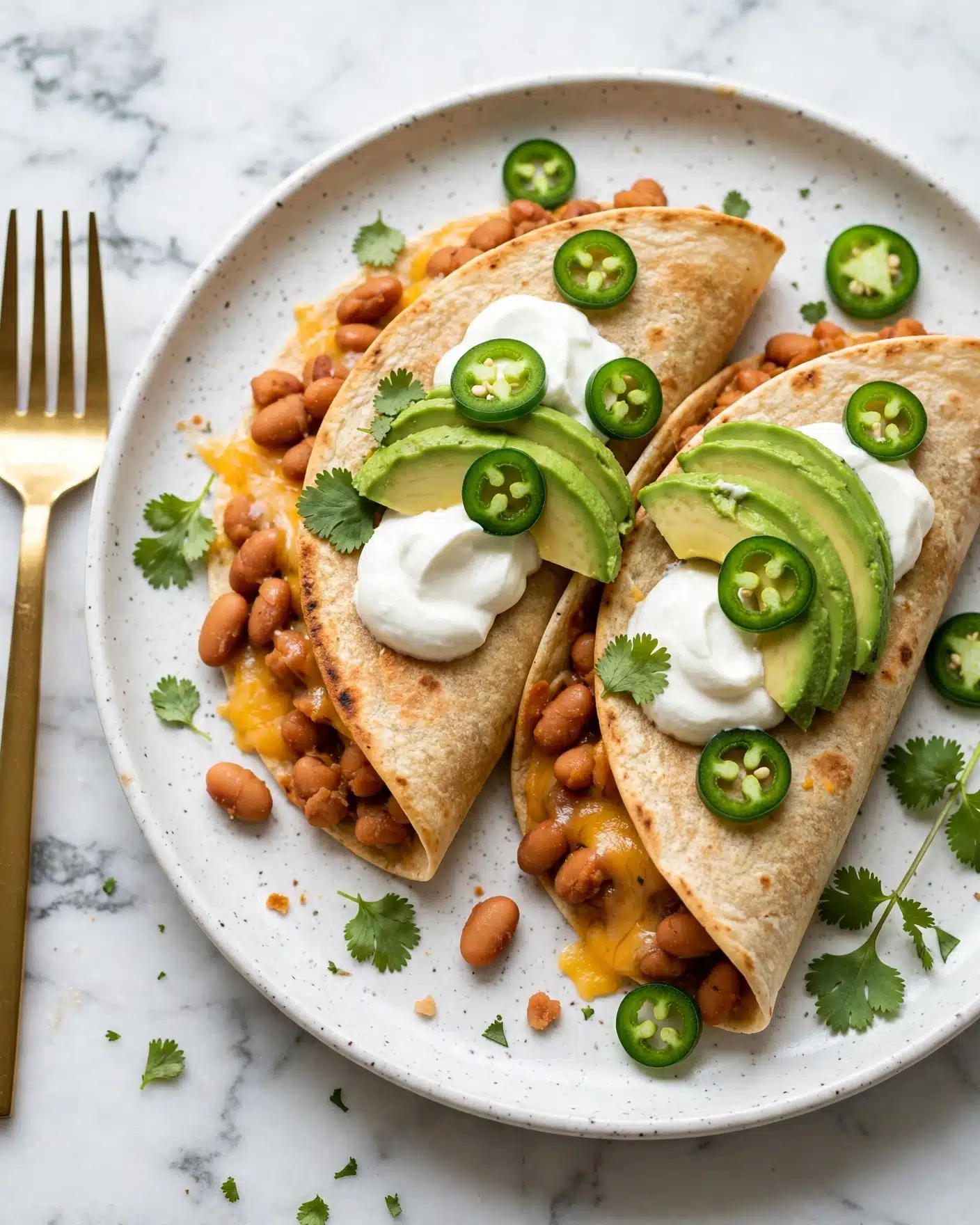 A white rectangular baking dish filled with three layers of food: a bottom layer of tortillas covered by a thick layer of melted yellow and white cheese mixed with a red sauce layer, topped with sliced green jalapeños, chunks of bright green avocado, fresh green cilantro leaves, and white creamy sauce drizzled over the top. The dish is placed on an orange tiled surface with sprigs of cilantro scattered around, a beige cloth napkin beside it, and a white plate with two gold forks in the upper right corner. The lighting is bright and natural. photo taken with an iphone --ar 4:5 --v 7