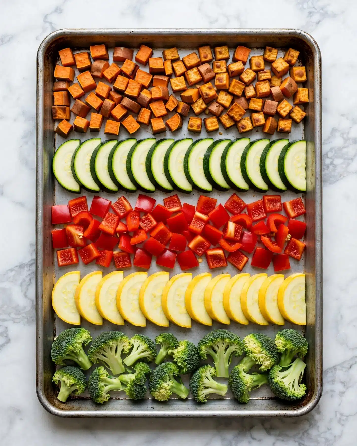 A baking tray filled with five neat layers of chopped vegetables arranged in rows from top to bottom. The top layer has small orange cubes of sweet potato with brown edges. Below it is a row of green and light green half-moon shaped zucchini pieces. The middle layer shows bright red chopped bell pepper squares. Under that, yellow half-moon squash slices are neatly lined up. The bottom layer features green broccoli florets with visible texture. The tray is placed on a white marbled surface. photo taken with an iphone --ar 4:5 --v 7