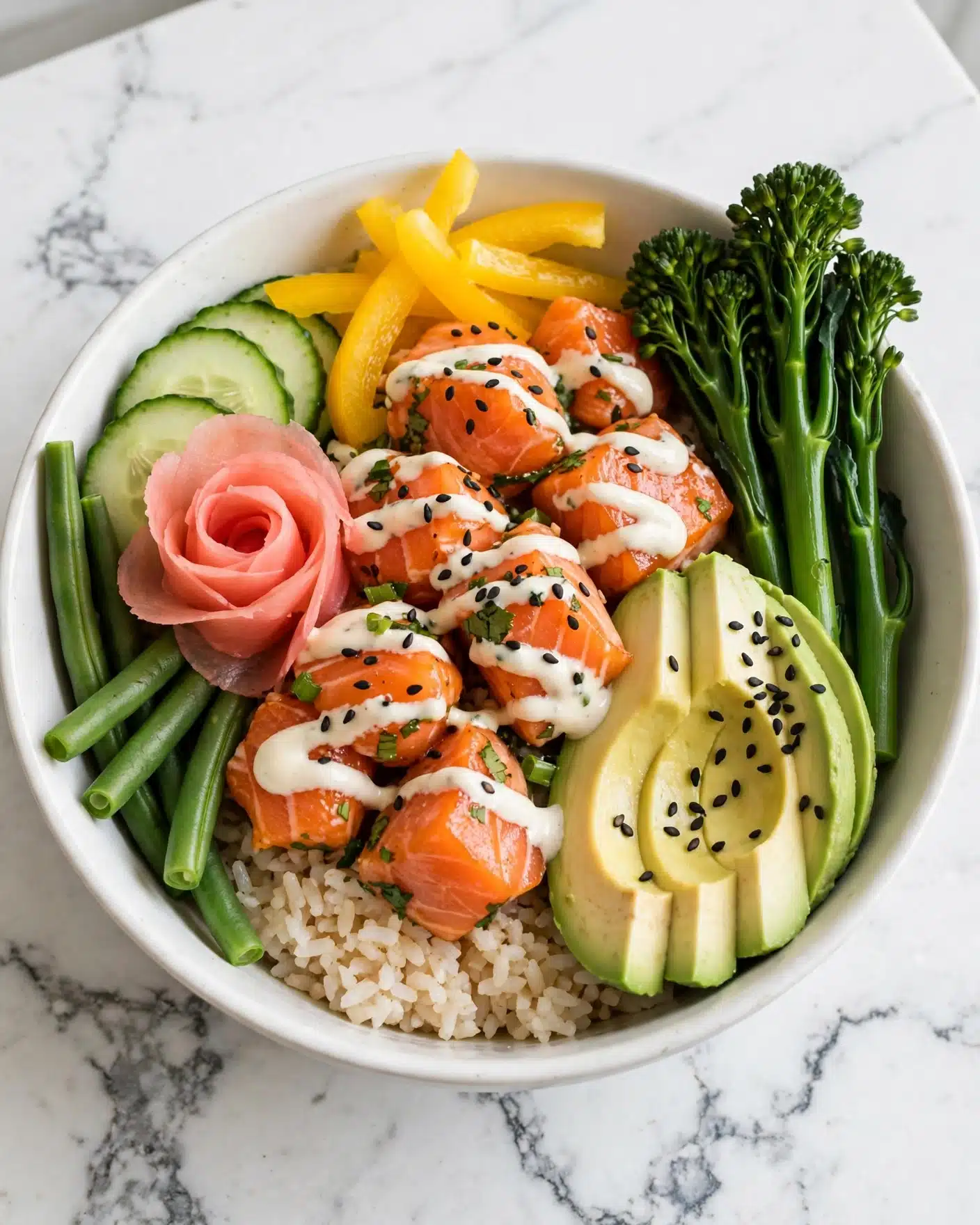 Salmon Bowls with Ginger Garlic Dressing and Cauliflower Rice Recipe