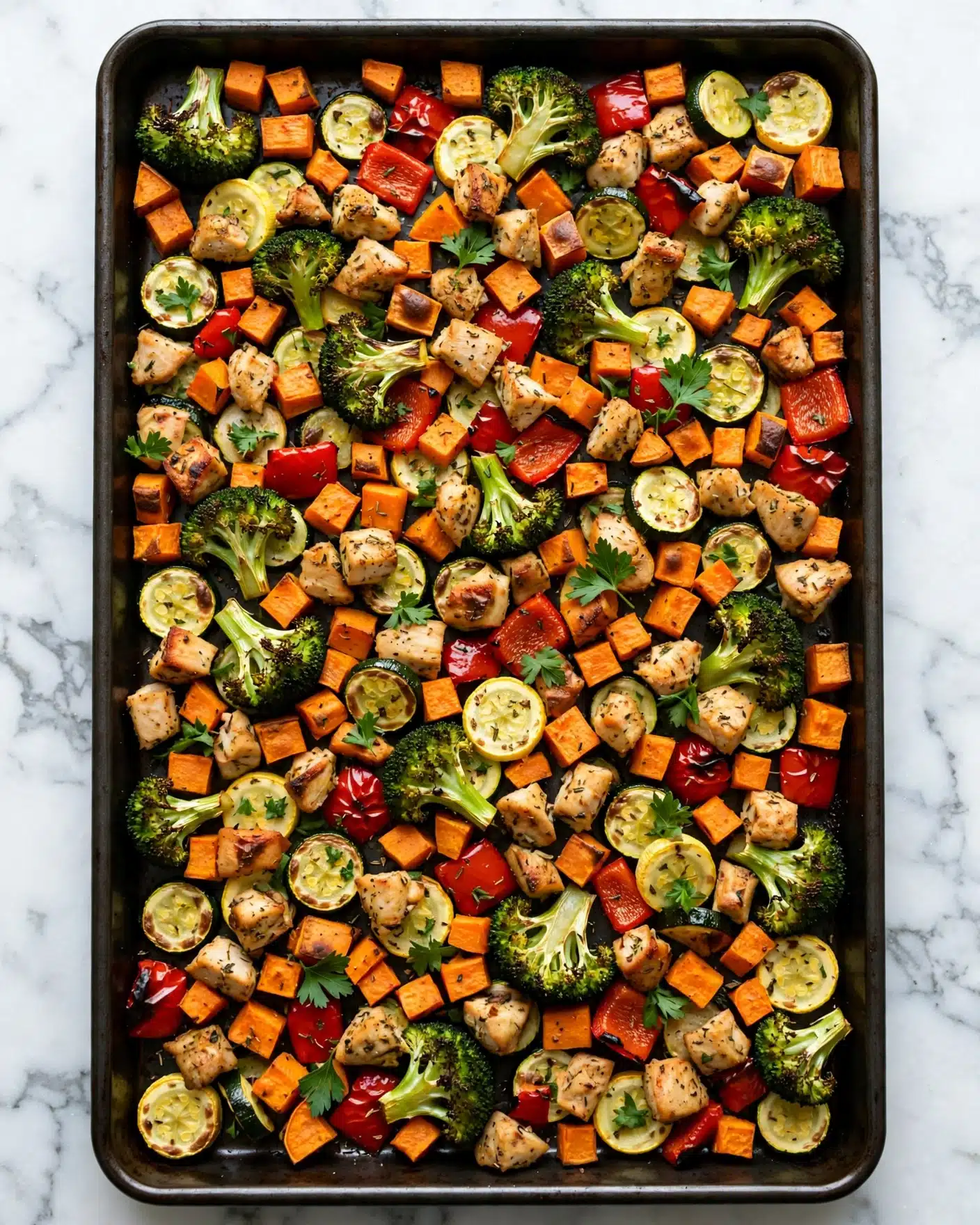 This image shows a large single layer of roasted mixed vegetables and diced chicken spread evenly on a dark baking tray. The vegetables include bright orange sweet potato cubes, green broccoli florets, yellow and green zucchini slices, and red bell pepper chunks, all mixed together with the light tan-colored chicken pieces seasoned with herbs. Small green parsley leaves are sprinkled over the whole mix, adding a fresh touch. The colors are vibrant and the textures show a slight crispness on the edges of the vegetables and chicken. The background is a white marbled texture. photo taken with an iphone --ar 4:5 --v 7