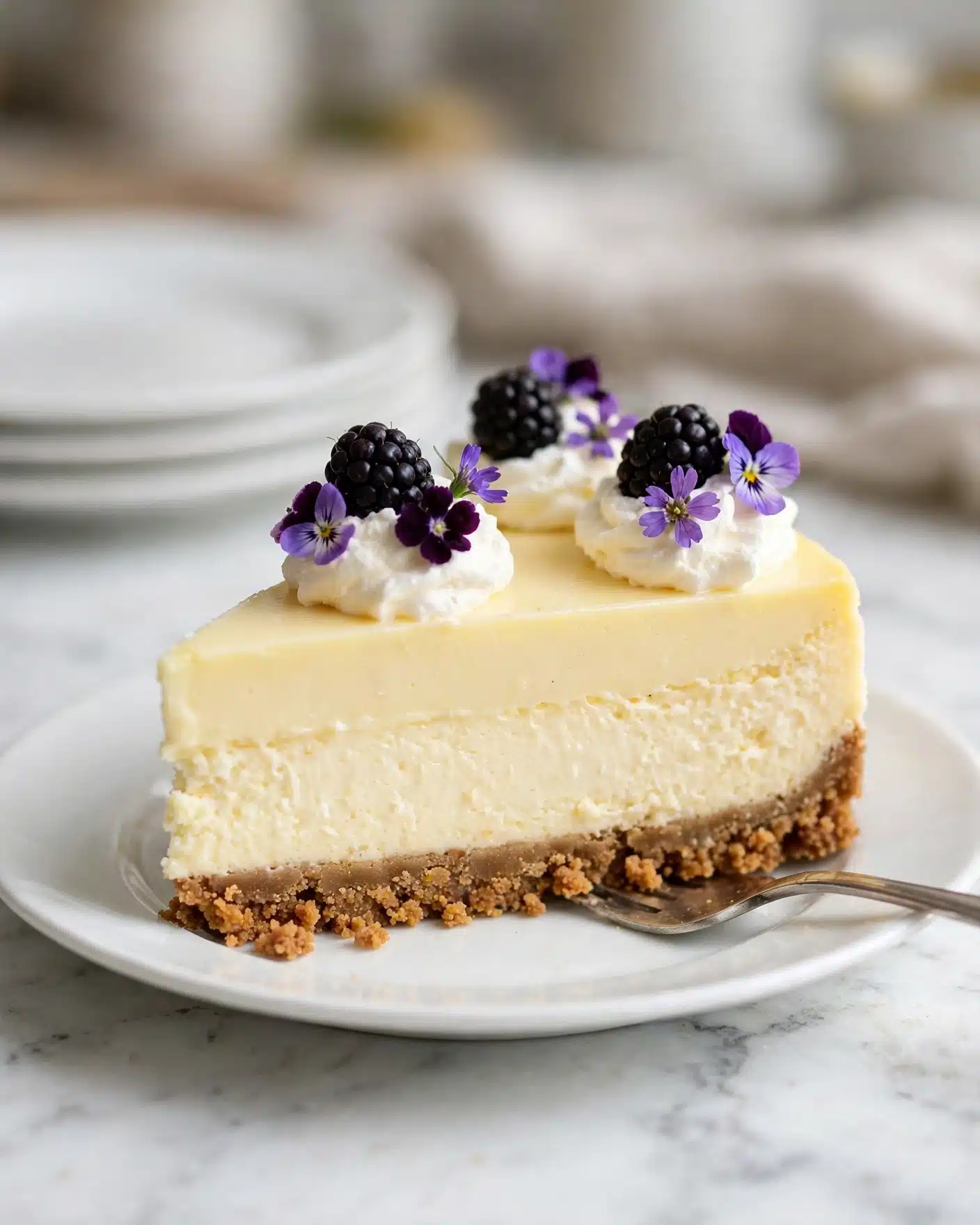 The image shows a slice of cheesecake on a white plate, placed on a white marbled surface. The cheesecake has three visible layers: a crumbly brown base made from crushed biscuits, a thick creamy pale yellow middle cheese layer, and a light yellow smooth top layer. On top, there are dollops of white whipped cream, each decorated with blackberries and purple edible flowers, adding dark purple and violet colors. A silver fork lies partially under the cheesecake slice near the bottom right, and there is a soft, blurred background with more plates stacked. Photo taken with an iphone --ar 4:5 --v 7