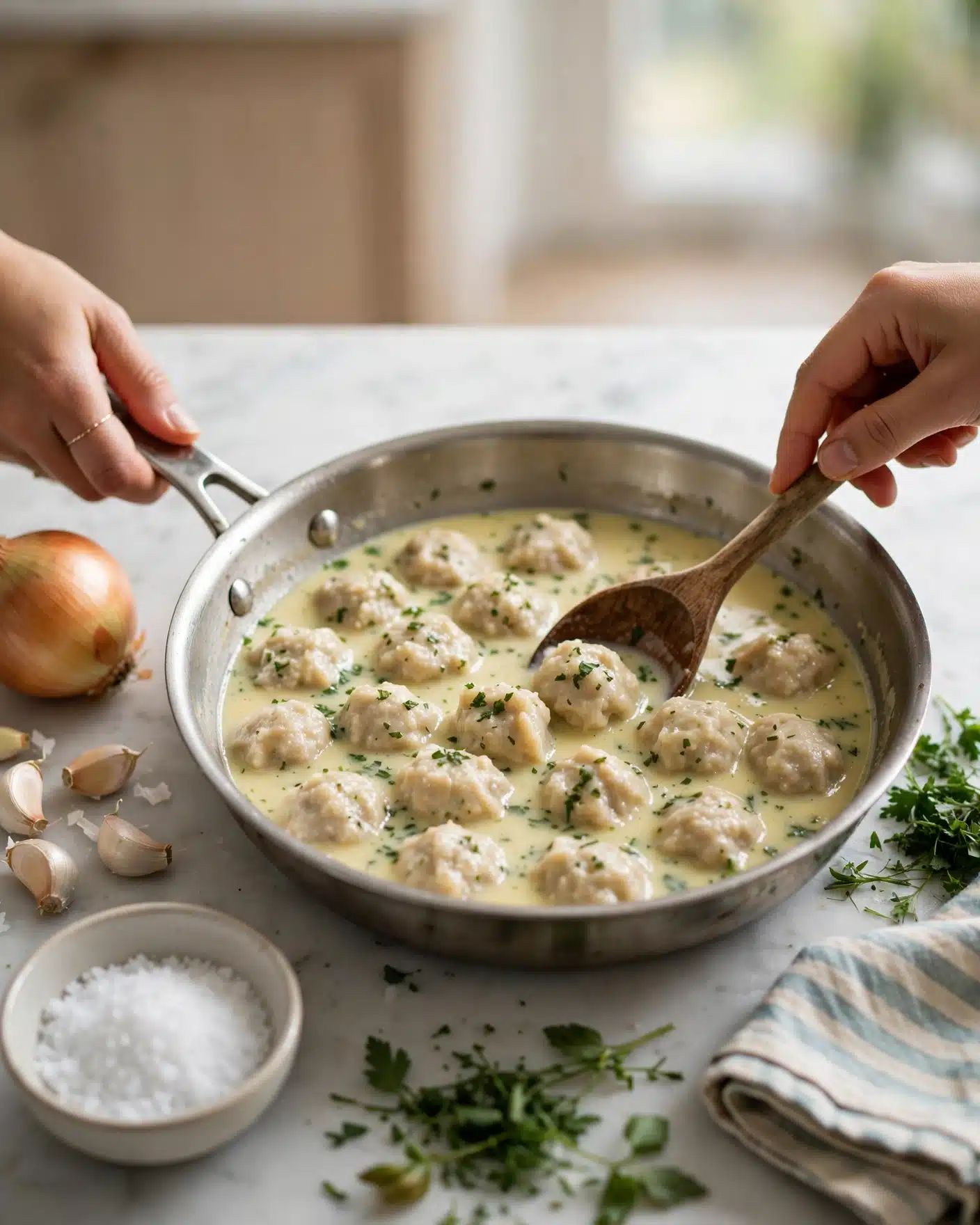 The image shows a metal pan filled with small, soft dumplings floating in a creamy, pale yellow broth. The dumplings are light beige with a slightly rough, lumpy texture and are sprinkled with small green herb pieces. A woman's hand is holding the pan handle while another woman's hand uses a wooden spoon to gently stir the dumplings. Around the pan, there is a white marbled surface with a whole onion, several garlic cloves, a bowl of coarse salt, some fresh green herbs, and a folded striped cloth. The overall look is warm and inviting with a clean, fresh kitchen setting. photo taken with an iphone --ar 4:5 --v 7