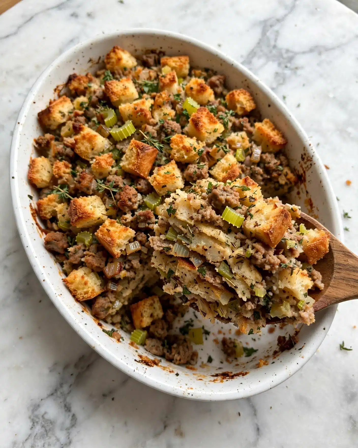 Cornbread Stuffing with Savory Sausage, Herbs, and Pecan Halves Recipe