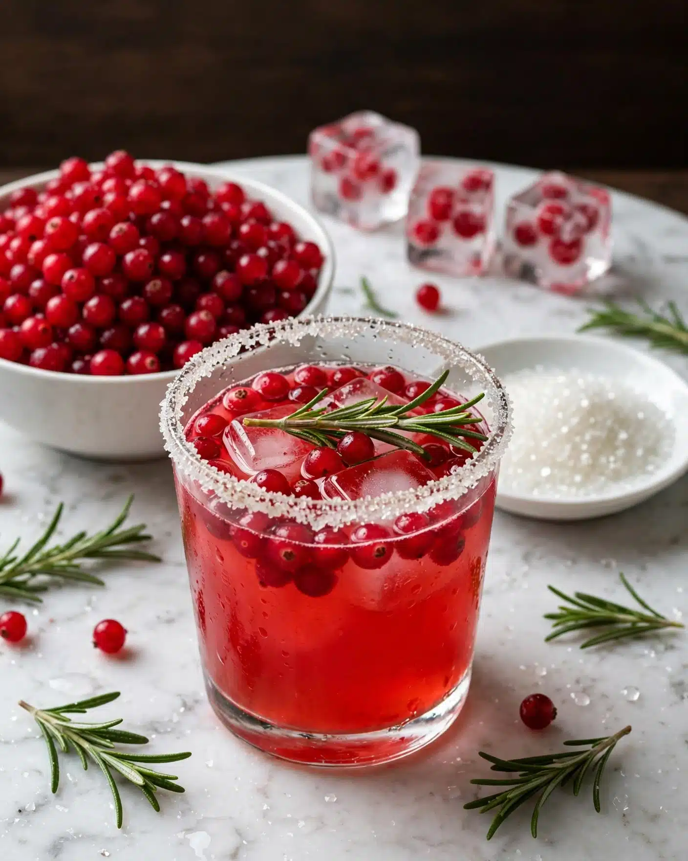 Holiday Sparkling Cranberry Mocktail Recipe 6 A short clear glass is filled with a pinkish-red drink that has a large ice cube with red berries inside. The glass rim has a thick layer of coarse white sugar and is garnished with a sprig of green rosemary on top. Behind the glass, there is a white bowl full of bright red berries placed on a white marbled surface. Nearby, clear ice cubes with red berries and orange pieces inside are stacked. There is also a small wooden tray containing white granulated sugar and a few sprigs of fresh green rosemary lie on the white marbled surface. Photo taken with an iphone --ar 4:5 --v 7