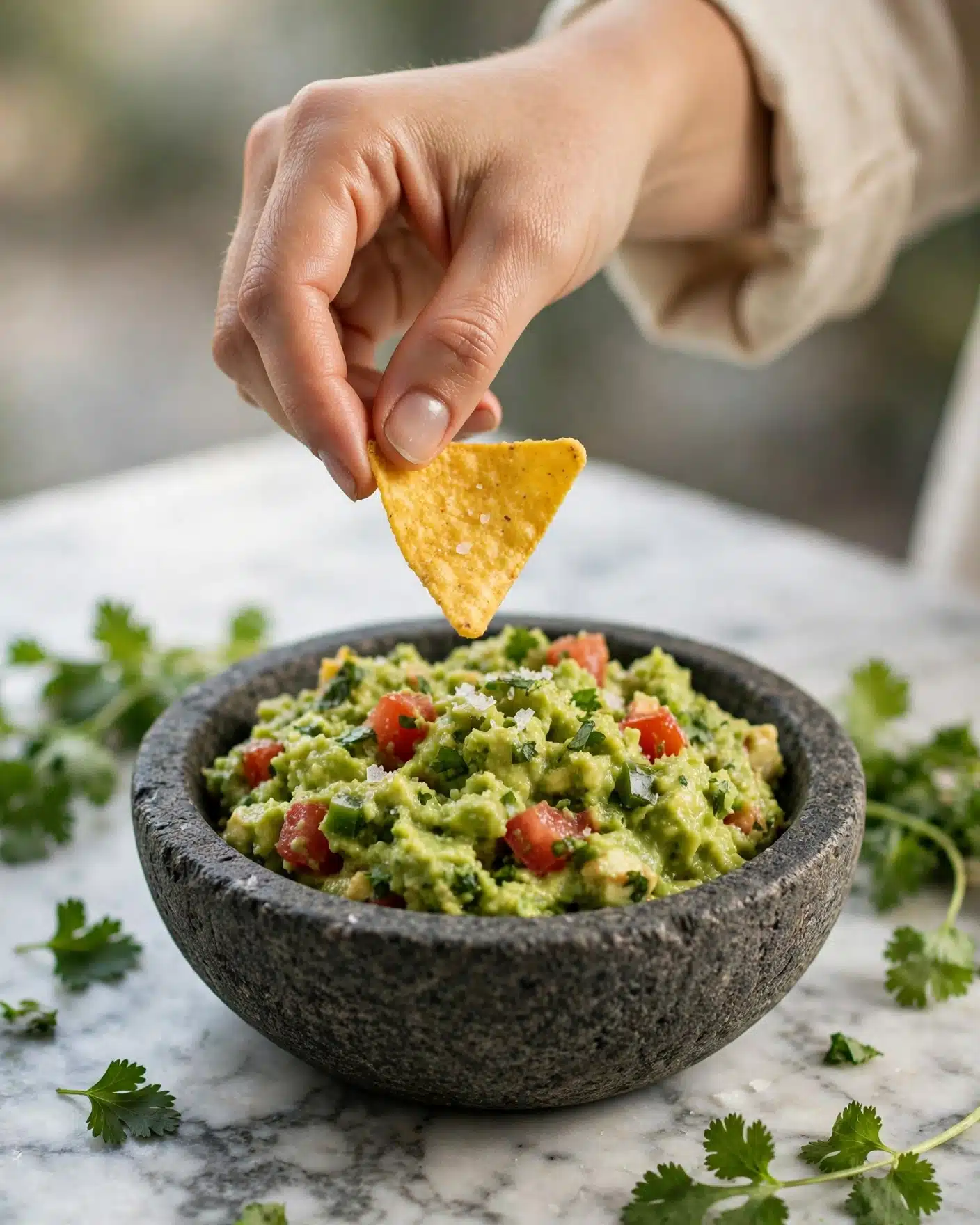 A close-up image shows a woman's hand holding a yellow corn chip just above a rough-textured dark gray stone bowl filled with chunky green guacamole. The guacamole has visible bits of red tomato and green herbs mixed in, creating a fresh and colorful look. The bowl sits on a white marbled surface with some green leafy herbs around it. photo taken with an iphone --ar 4:5 --v 7