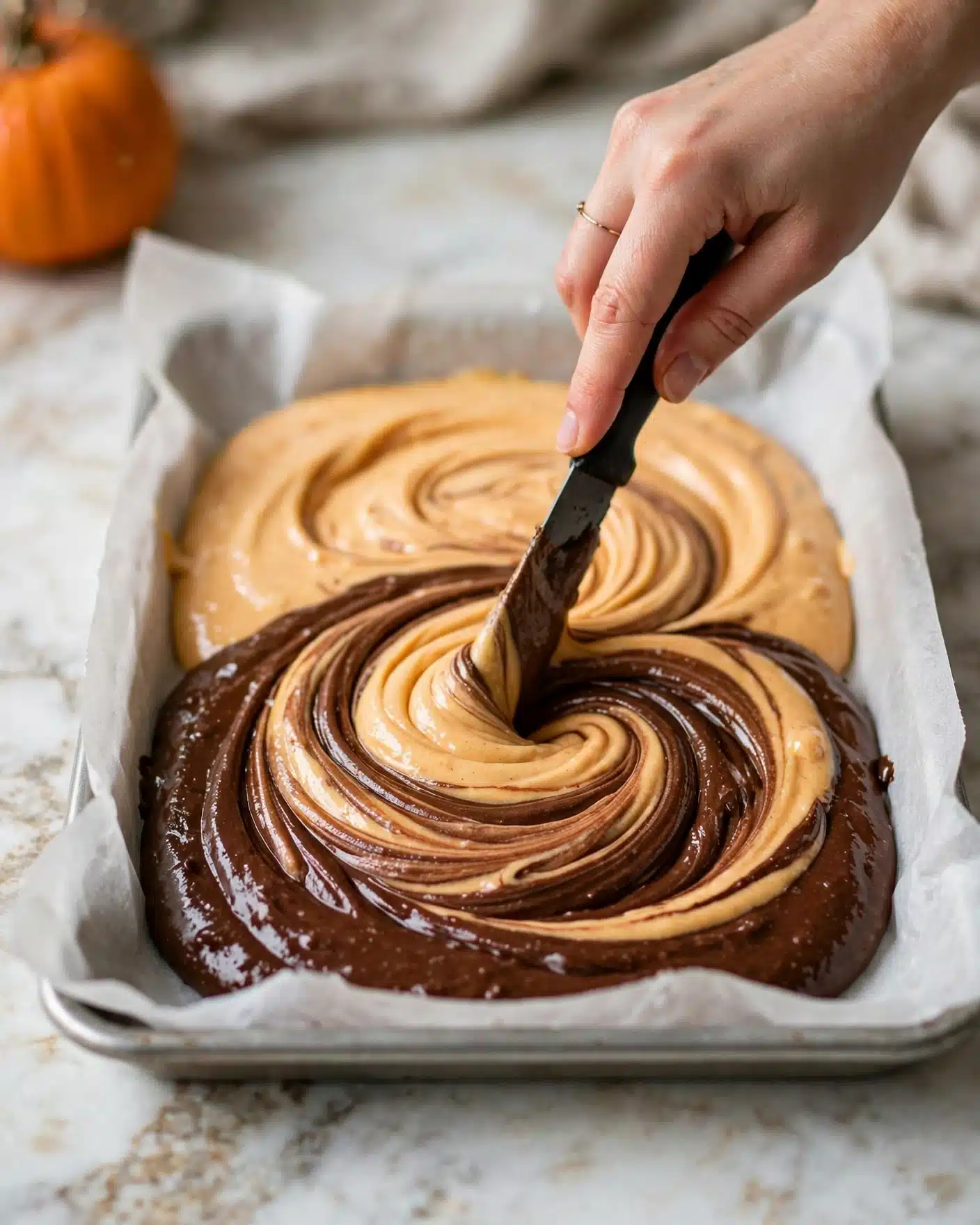 The image shows a baking tray lined with white parchment paper and filled with two layers of swirled batter. The bottom layer is rich dark brown with a thick, glossy texture resembling chocolate. The second layer on top is a creamy light orange color with smooth and slightly shiny texture. The two layers are stirred together in a swirling pattern using a black knife held by a woman’s hand, creating a marbled effect. The baking tray sits on a white marbled surface, and there is a small orange pumpkin blurred in the background. Photo taken with an iphone --ar 4:5 --v 7