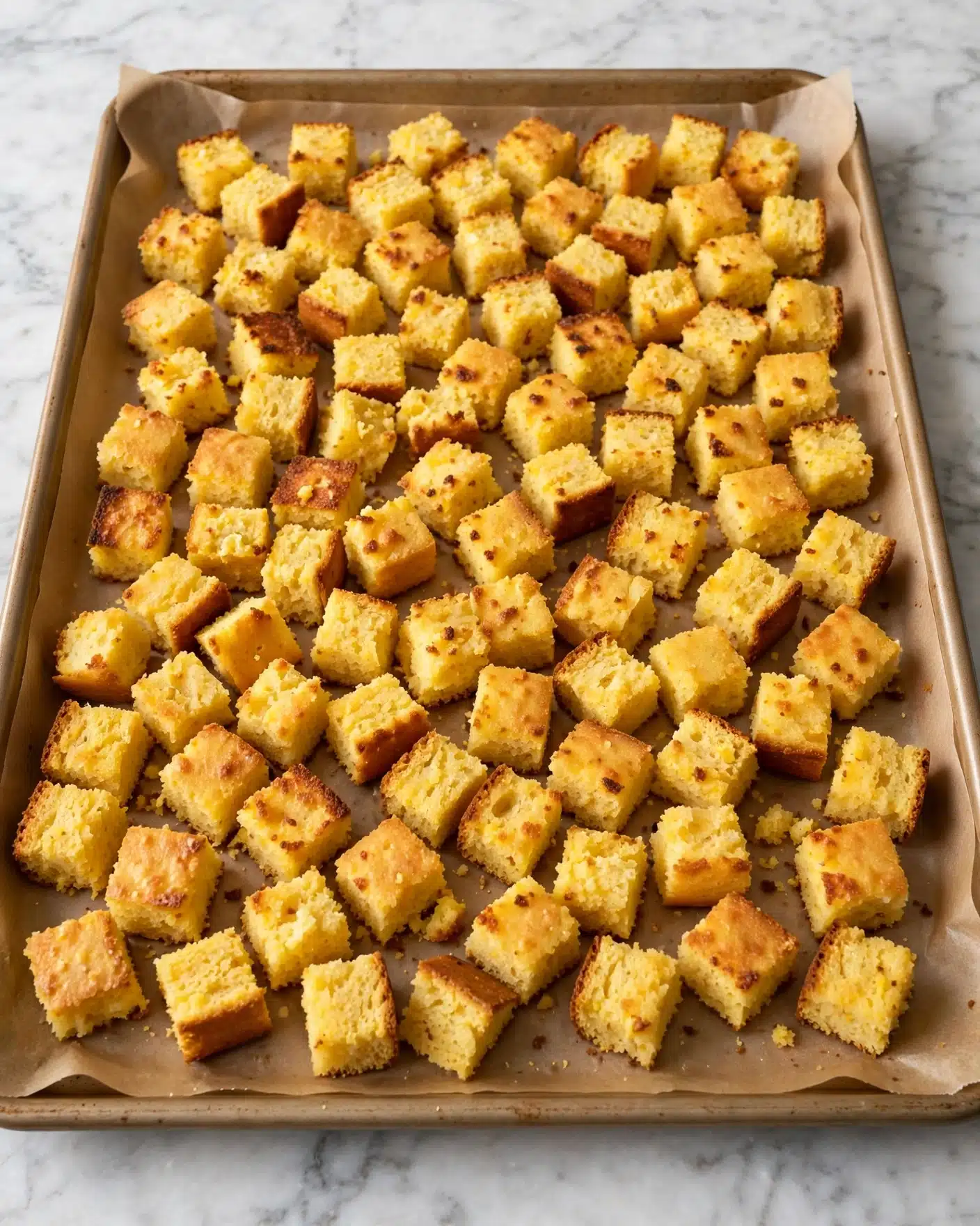 Cornbread Stuffing with Savory Sausage, Herbs, and Pecan Halves Recipe 5 The image shows small golden-yellow cubes of toasted cornbread spread out evenly in a single layer on a large light brown baking tray lined with parchment paper. The cornbread cubes have a slightly rough texture with some darker, crispy edges, and appear crunchy on the outside while soft inside. The tray sits on a white marbled surface. Photo taken with an iphone --ar 4:5 --v 7