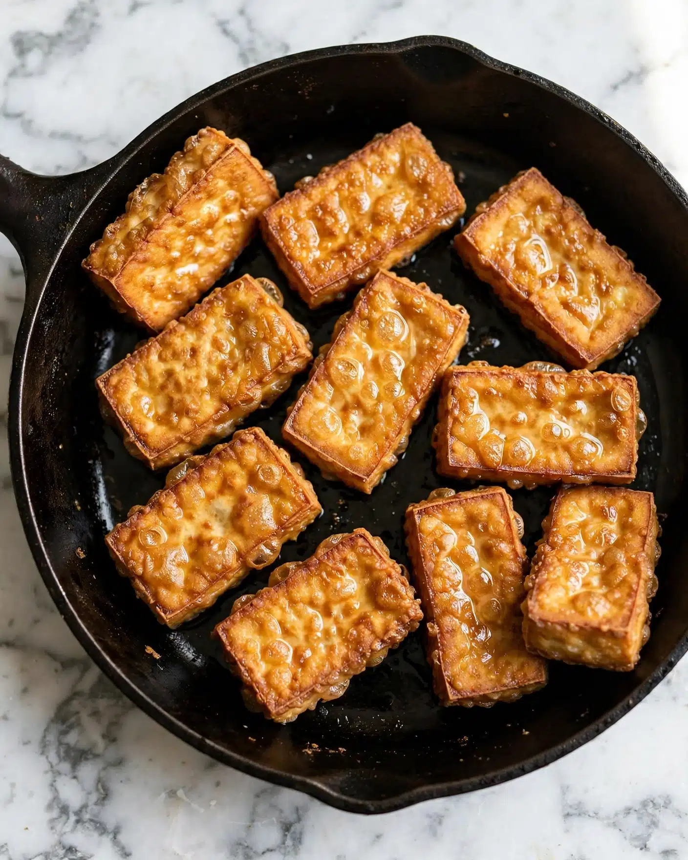 Nine rectangular pieces of golden brown fried tofu with a shiny, slightly oily surface are spread out in a black cast iron skillet. The tofu pieces have a crisp, textured outside and are arranged irregularly with some touching each other. The skillet rests on a white marbled surface that contrasts with the dark pan and highlights the tofu's warm color. photo taken with an iphone --ar 4:5 --v 7