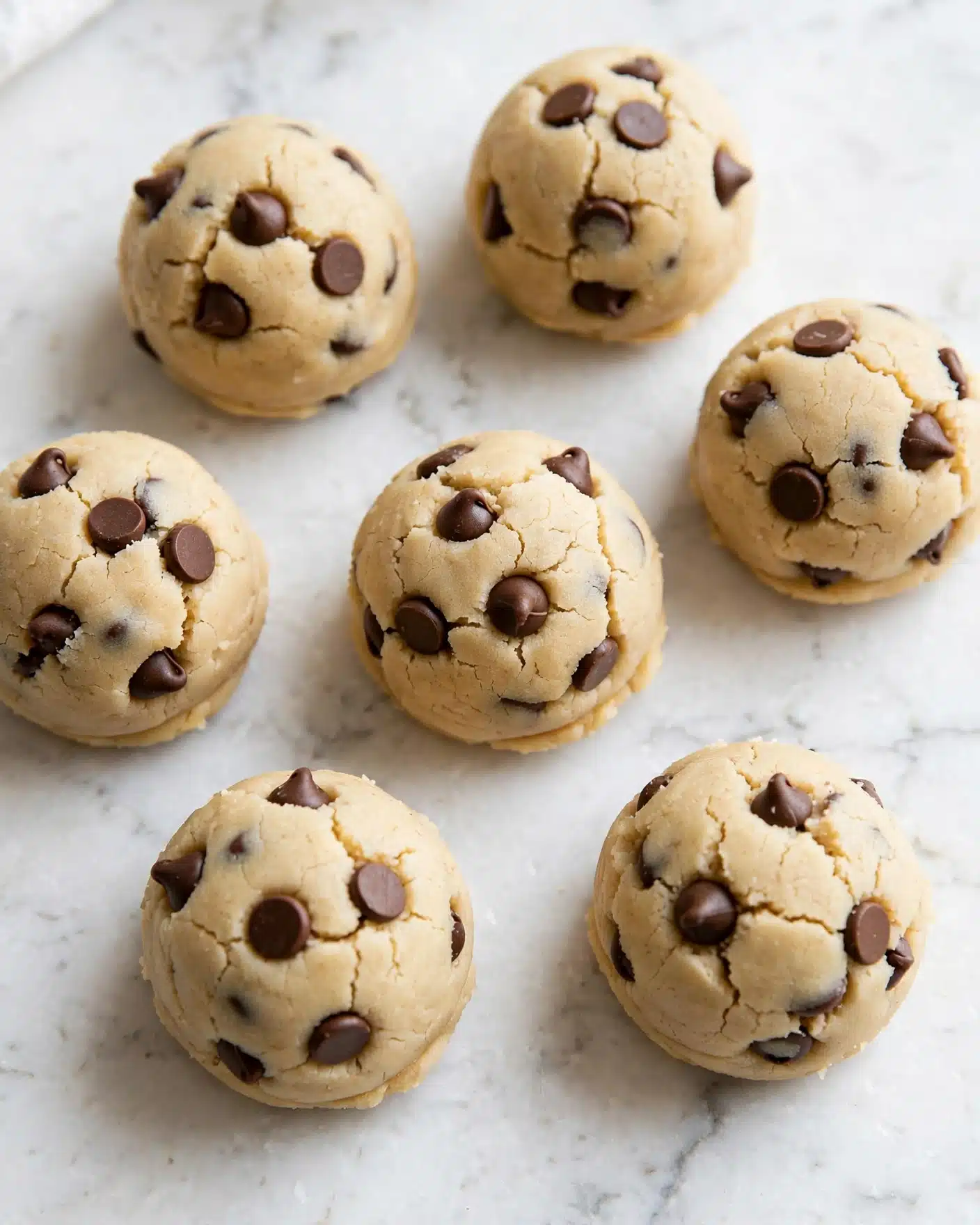 The image shows round cookie dough balls with smooth, light beige surfaces that are speckled with medium-sized dark brown chocolate chips evenly spread throughout each ball. The cookie dough balls are placed on a white marbled surface, arranged closely but not touching each other, with a soft natural light giving a warm and inviting feel to the scene. The texture of the dough looks soft and slightly cracked in places, highlighting the rich chocolate pieces embedded within. photo taken with an iphone --ar 4:5 --v 7