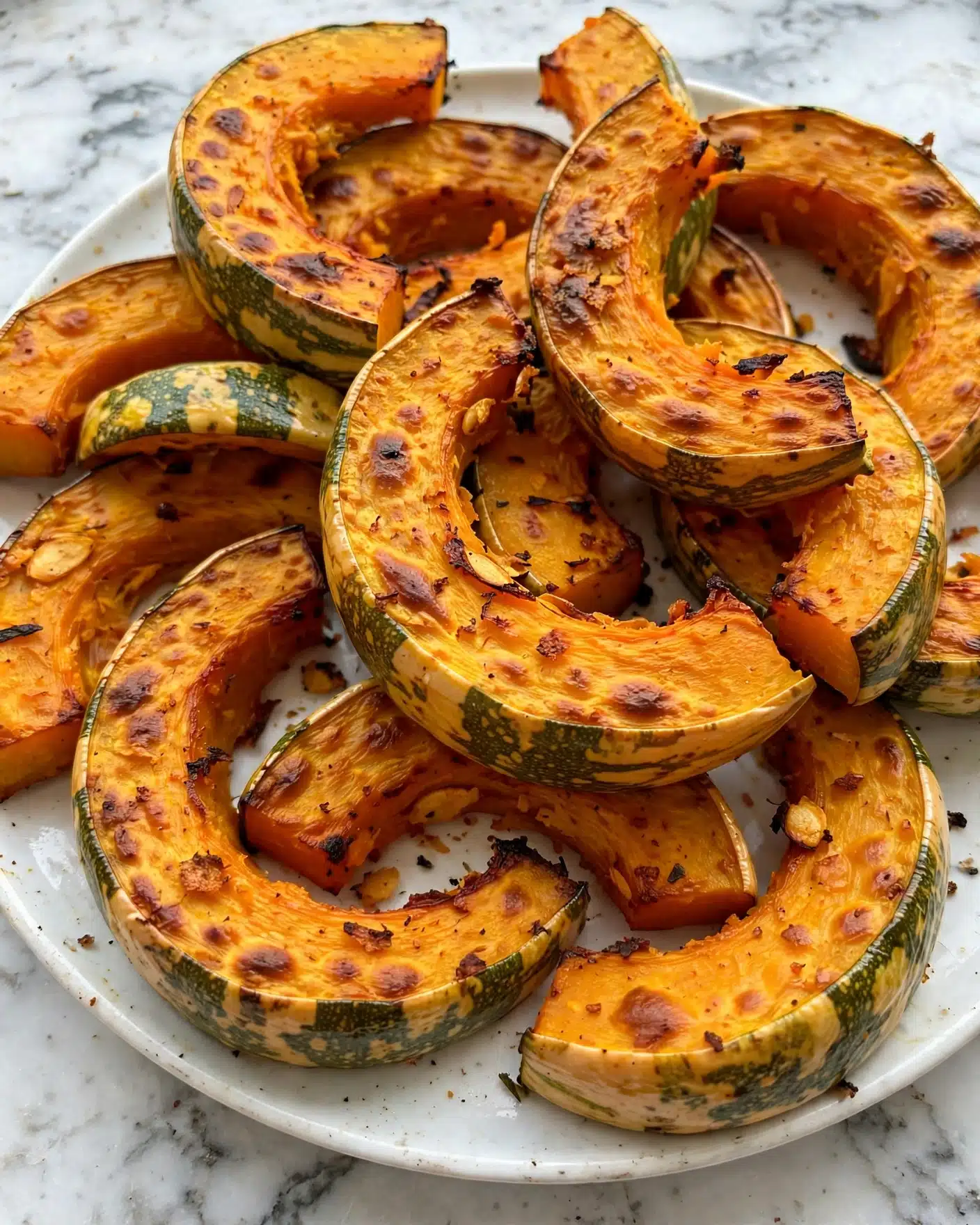 The image shows a close-up view of many roasted squash slices arranged on a white plate. Each slice has a crescent shape, with the outer skin partly visible as dark green and yellow patches. The inside flesh is bright orange, browned and caramelized with crisp edges and a slightly rough texture. The slices appear thick with a soft, cooked middle and some crispy spots from roasting. They are placed against a white marbled surface, with good lighting highlighting their warm colors and textures. photo taken with an iphone --ar 4:5 --v 7