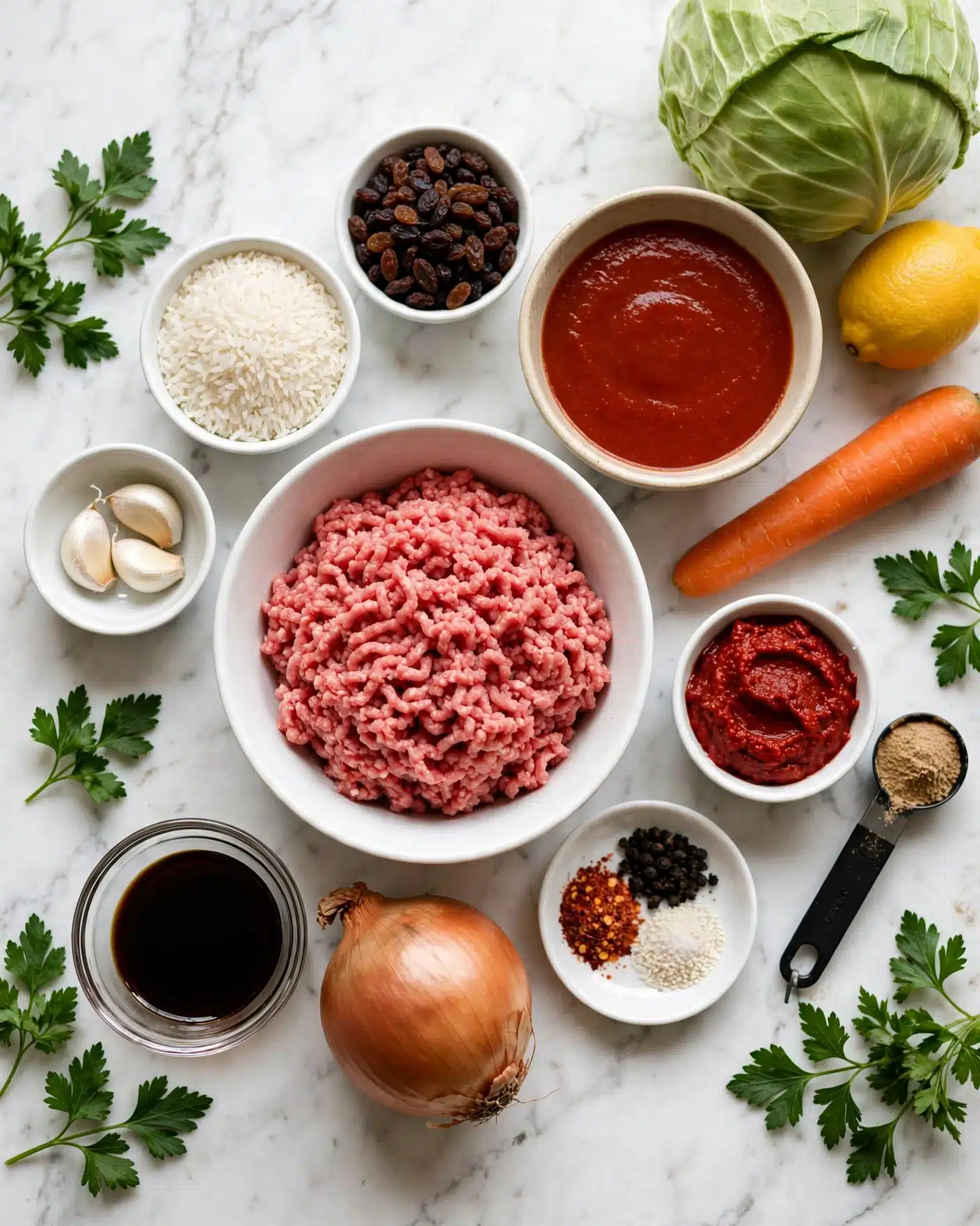 The image shows a white bowl in the center filled with raw pink ground meat. Around it are several ingredients: a large brown onion at the bottom, a small white bowl with white rice grains above the meat, a bigger beige bowl with smooth red tomato sauce near the top right, a white bowl with three garlic cloves on the left, and a small bowl with dark brown raisins near the top middle. A whole lemon and a fresh green cabbage head are on the top right. On the right side, a long orange carrot lies beside a small white bowl with a thick red paste and a black measuring spoon filled with light brown powder. A small clear bowl with dark soy-like liquid is near the bottom left. Near the onion are three small piles of spices including red, black, and white granules on a small white dish. Green parsley leaves are placed around the edges on a white marbled surface. Photo taken with an iphone --ar 4:5 --v 7