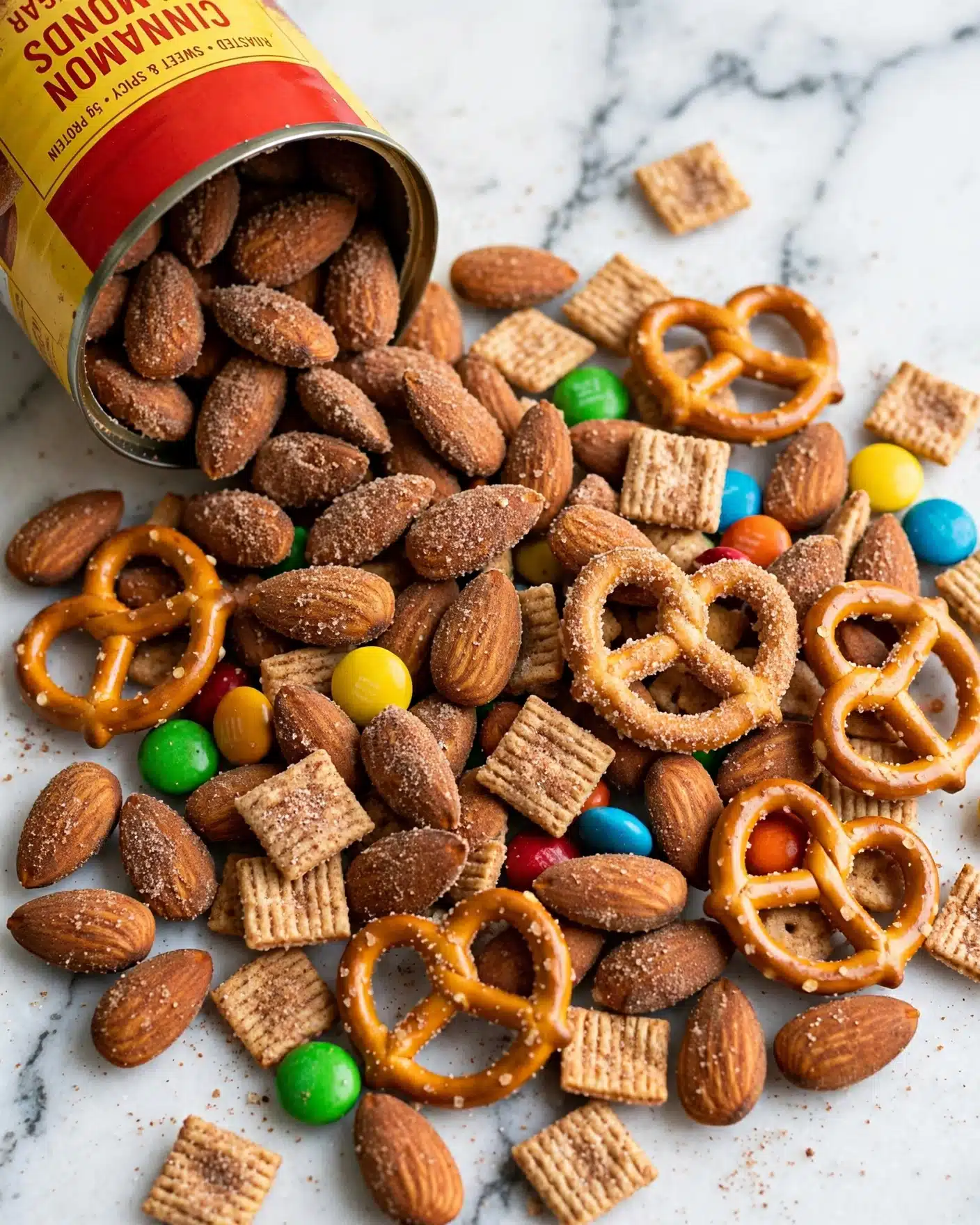 Cinnamon Sugar Snack Mix Recipe 5 A large clear glass bowl in the center holds a mix of small, square, light brown cereal pieces and golden brown pretzels with a smooth, shiny texture, scattered evenly throughout. Around the bowl, there are two smaller white bowls; one filled with reddish-brown coated nuts and the other with more light brown cereal pieces. Near the bottom left corner, a small portion of a white bowl filled with colorful candy-coated chocolates in red, green, blue, yellow, and brown is visible. The setup is placed on a white marbled surface with a white and blue checkered cloth partially under the main bowl. photo taken with an iphone --ar 4:5 --v 7