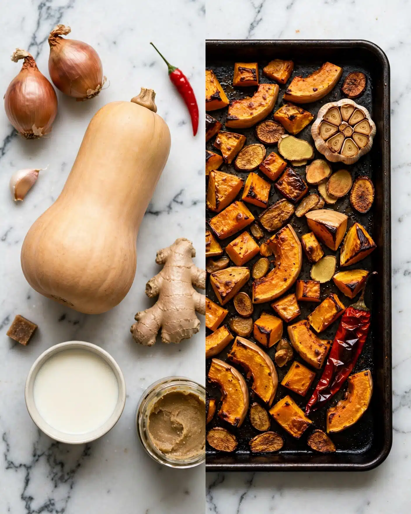 The image shows two side-by-side views; the left side displays raw ingredients on a white marbled surface, including a whole butternut squash in the center, two shallots with their brown skin, a clove of garlic, a red chili, a chunk of fresh ginger root, a brown bouillon cube, a small bowl of creamy white liquid, and an open jar of light brown paste. The right side shows a dark baking sheet filled with roasted vegetables on a white marbled surface, featuring browned and caramelized chunks of butternut squash in wedges and smaller pieces, roasted garlic head, browned ginger slices, and a red chili pepper, all with a mix of golden orange, brown, and light yellow tones from roasting. photo taken with an iphone --ar 4:5 --v 7