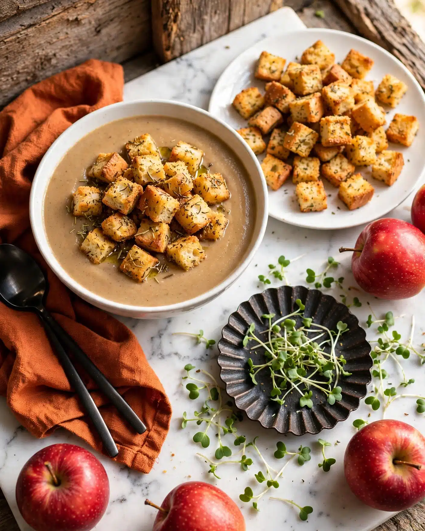 A bowl filled with a smooth, creamy, light brown soup topped with a generous pile of golden-brown herb-seasoned croutons rests on a white marbled surface. Nearby, a white plate holds more crunchy croutons, and bright red apples sit scattered around. Fresh green microgreens are spread around a small dark fluted dish, adding a pop of color. A rust-orange cloth napkin lays beside the bowl, with two sleek black spoons placed on it, reflecting light softly. The scene is warm and inviting, with a rustic touch from the wooden textured background elements photo taken with an iphone --ar 4:5 --v 7