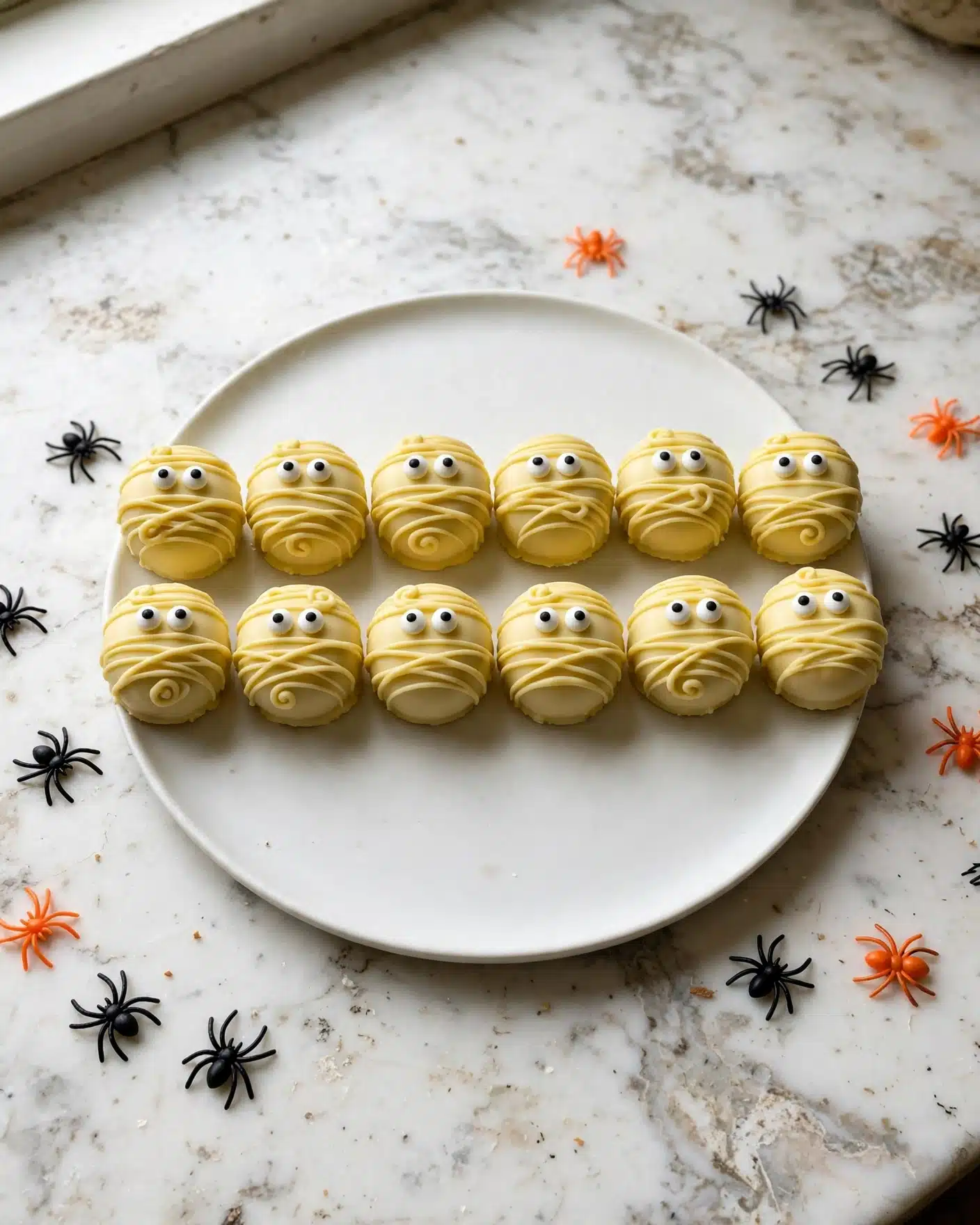 A white round plate holds twelve round treats arranged neatly in two rows, each treat coated with smooth, pale yellow icing. Each treat is decorated with thin lines of the same yellow icing drizzled horizontally, giving them a wrapped look. Two small white candy eyes with black centers are placed on each treat, making them look like little monsters or mummies. The plate is set on a white marbled surface, with small black and orange plastic spider decorations scattered around the edges. Photo taken with an iphone --ar 4:5 --v 7